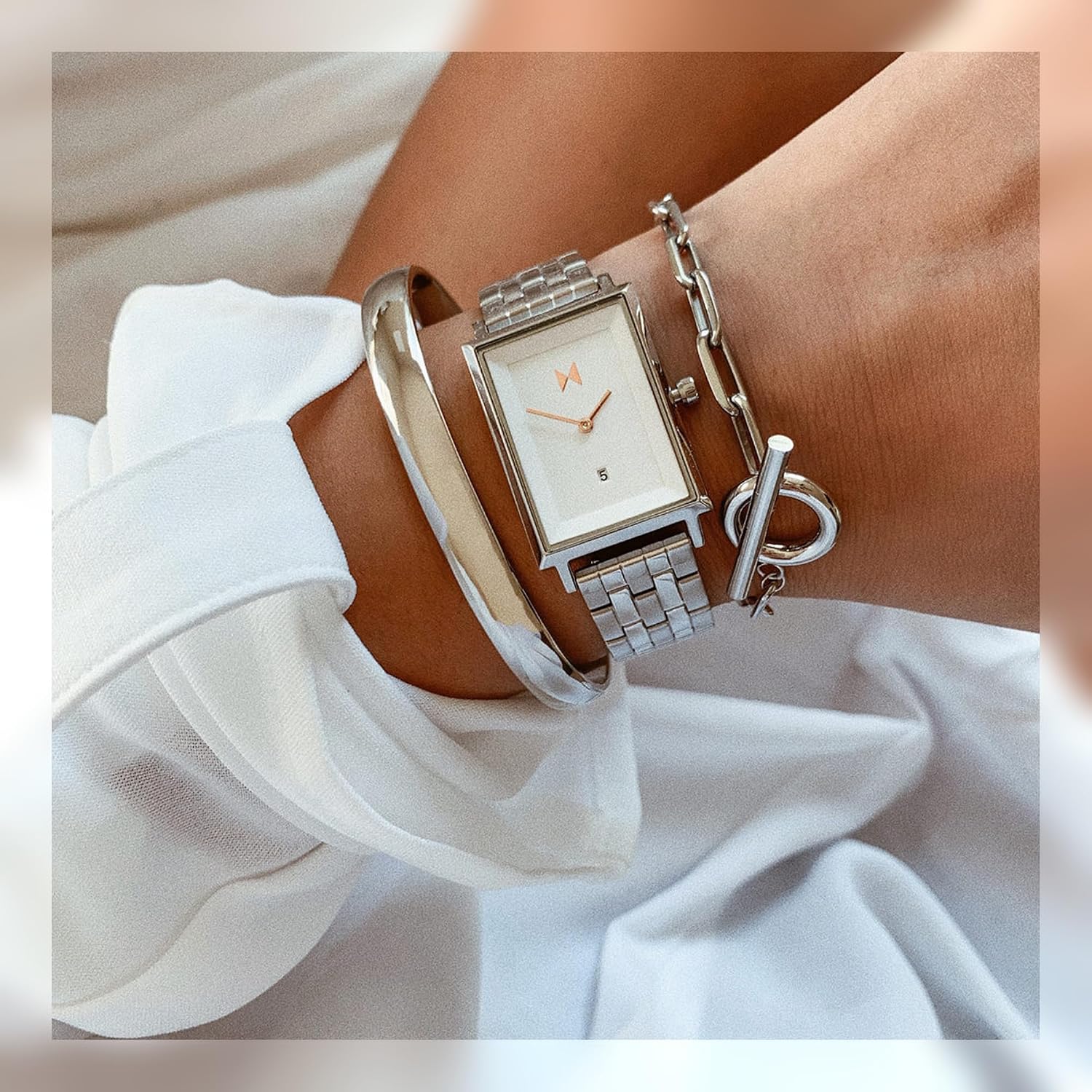 MVMT Signature Square Women's Watch 2 Hand Analog Quartz Stainless Steel Case and Bracelet Water Resistance Premium Minimalist Design for Her 24mm
