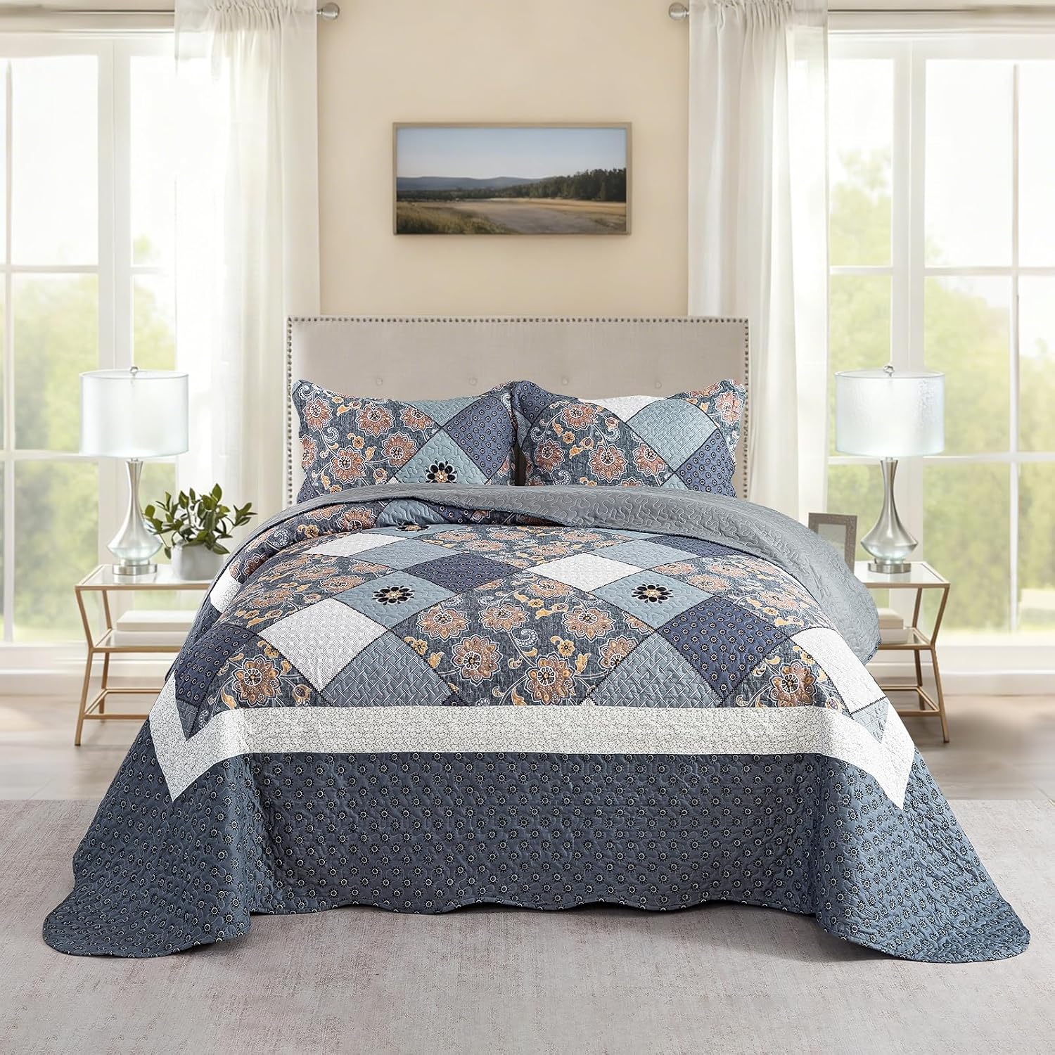 Striped Classical Cotton 3-Piece Patchwork Bedspread Quilt Sets, King Size