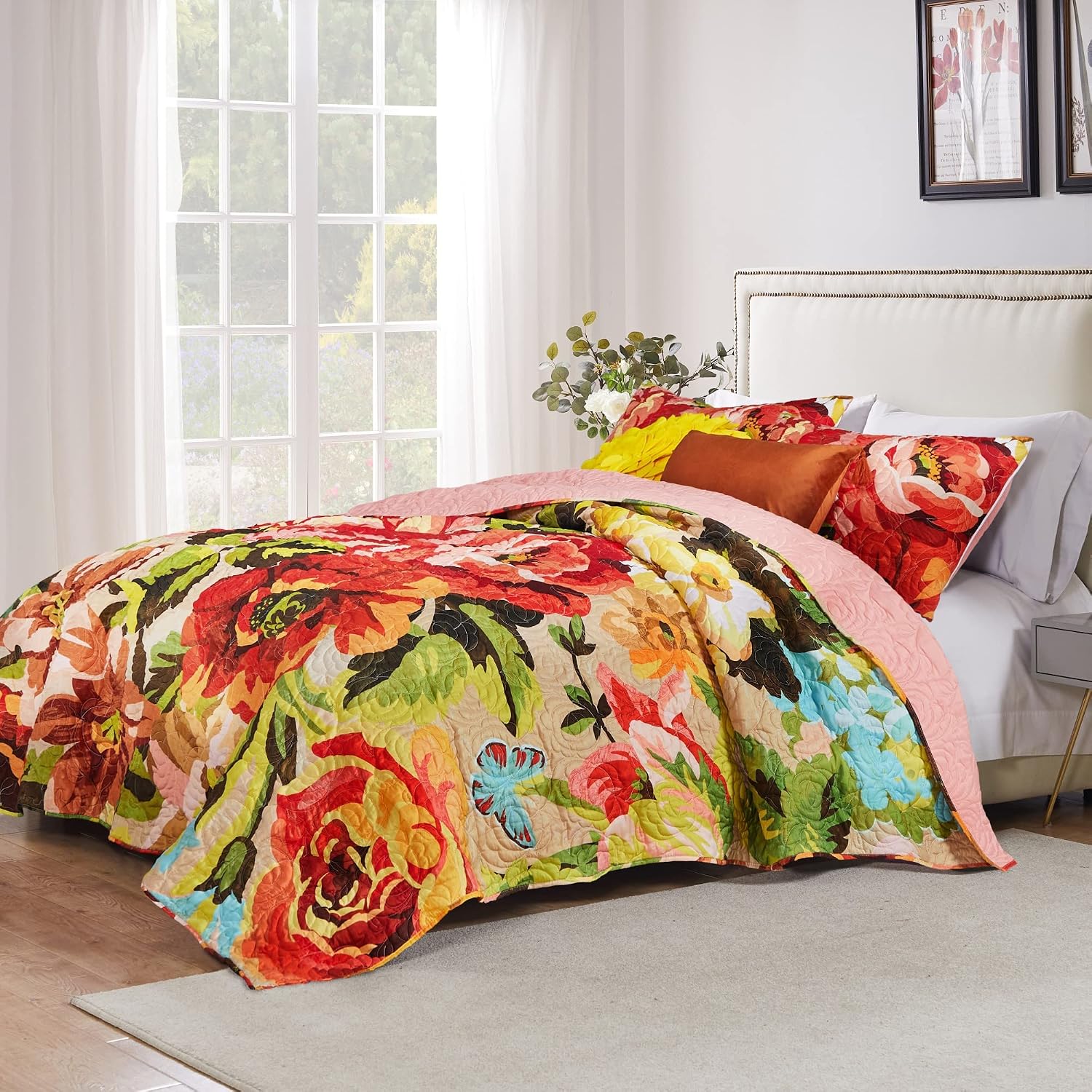 Greenland Home Fashions Ultra-Soft, Reversible, Brushed Microfiber Quilt Set, 3-Piece Full/Queen, Misty Bloom