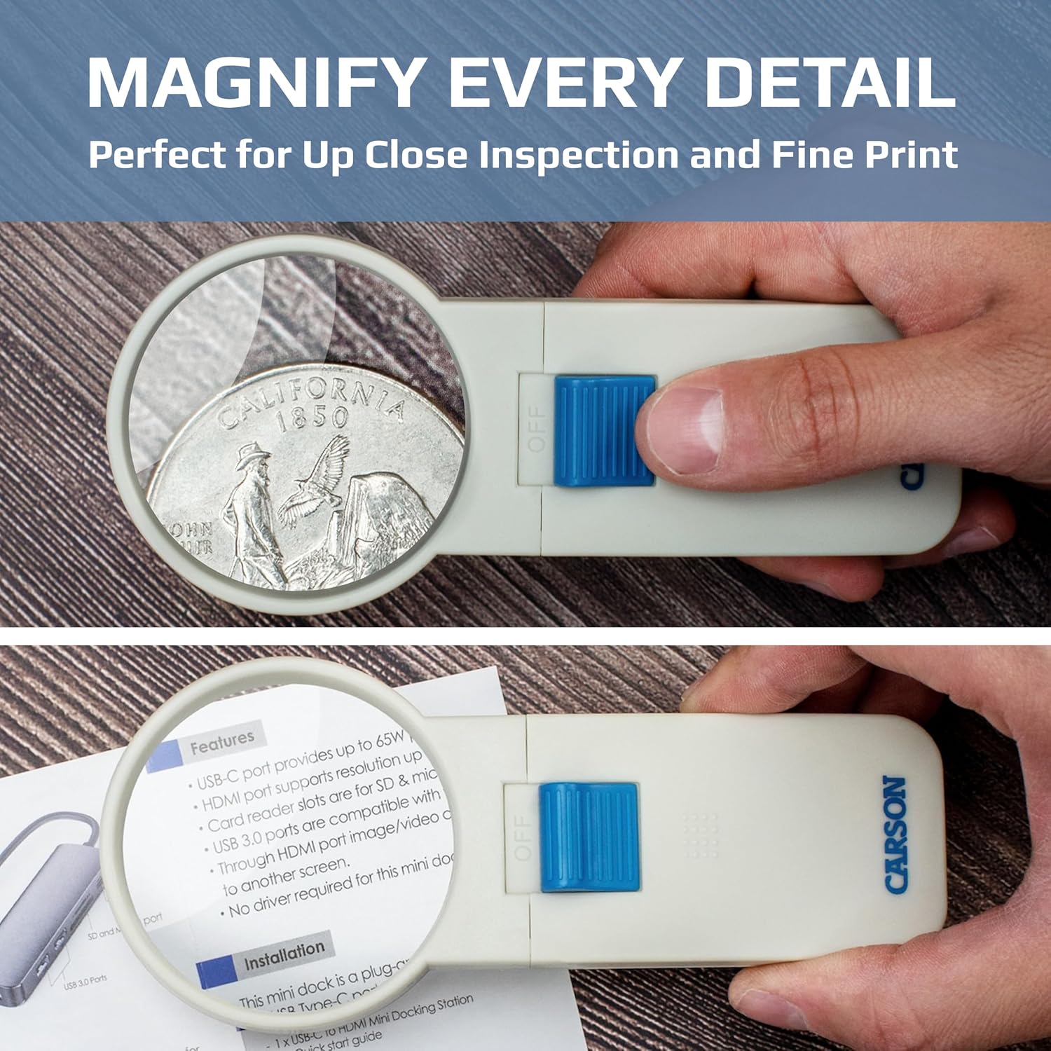 Carson Illuminated LED Lighted 5x Hand Held 2.5'' Aspheric Magnifier (SV-50),White