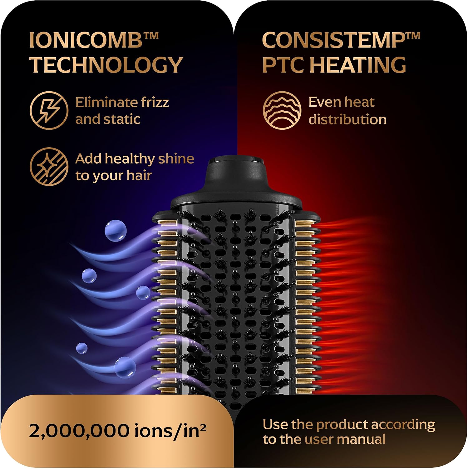 Professional Blowout Hair Dryer Brush, Black Gold Dryer and Volumizer, Hot Air Brush for Women, 75MM Oval Shape (Black Gold)