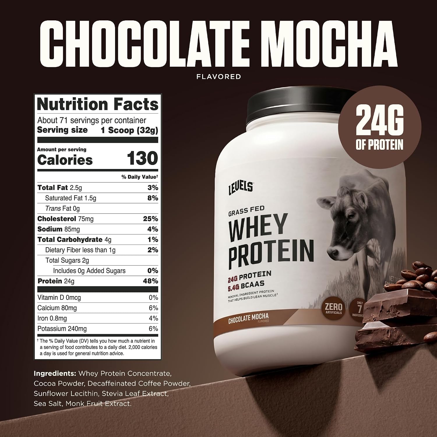Levels Whey Protein Powder, No Artificial Ingredients, Pure Chocolate, 5LB | 24G of Protein, 5.4G BCAAs, Clean Ingredients, Hormone Free Dairy, No Fillers, No Added Sugar, No Junk