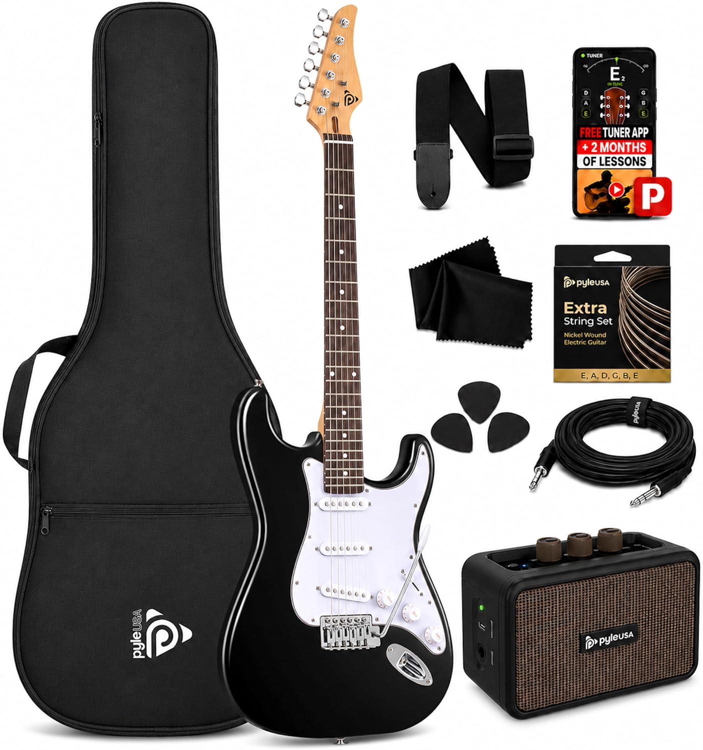 Pyle Electric Guitar and Amp Kit - Full Size 39" Complete Starter Kit with Wearable Bluetooth Amplifier, 1/4” Cable, Carry Case, Strap, Strings, Picks, Cleaning Cloth, ST-Style Pickups (Black)