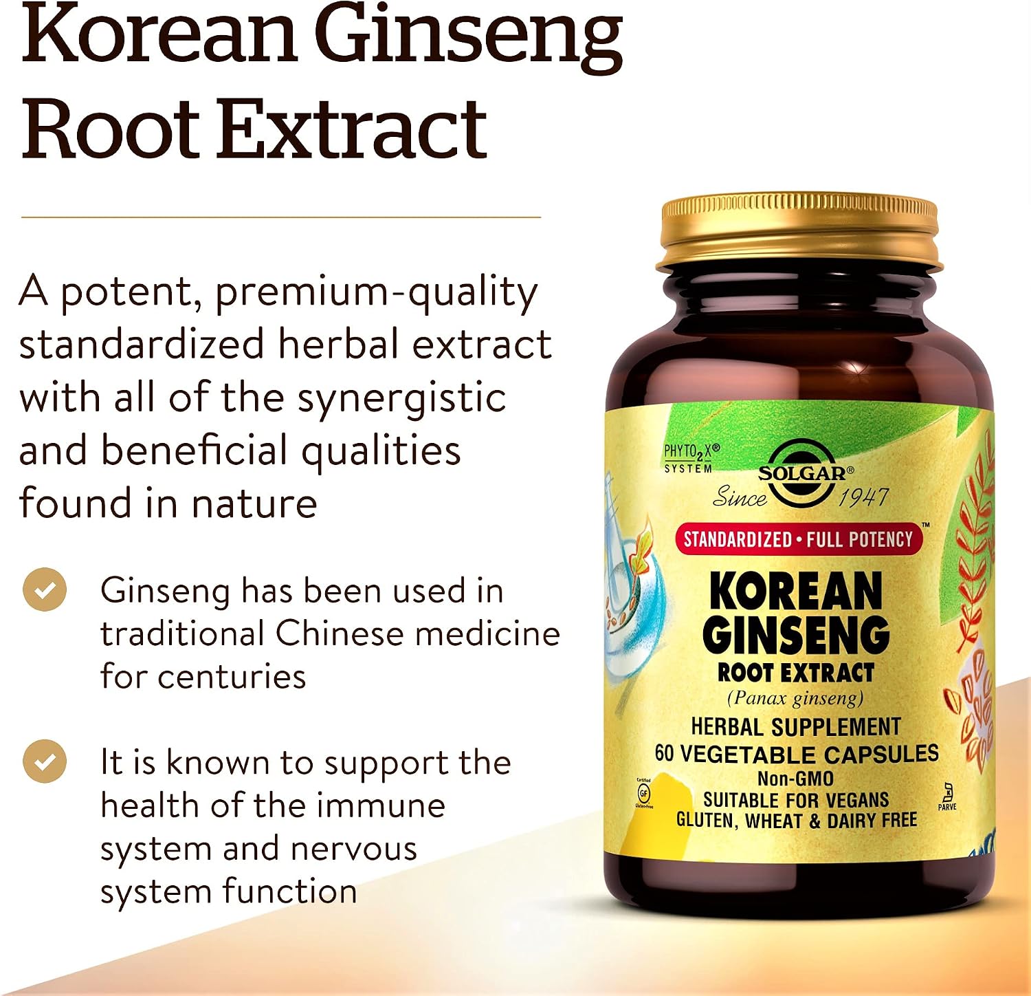 Solgar Korean Ginseng Root Extract, 60 Vegetable Capsules - Immune Support | Standardized, Full Potency (SFP) - Non-GMO, Vegan, Gluten Free