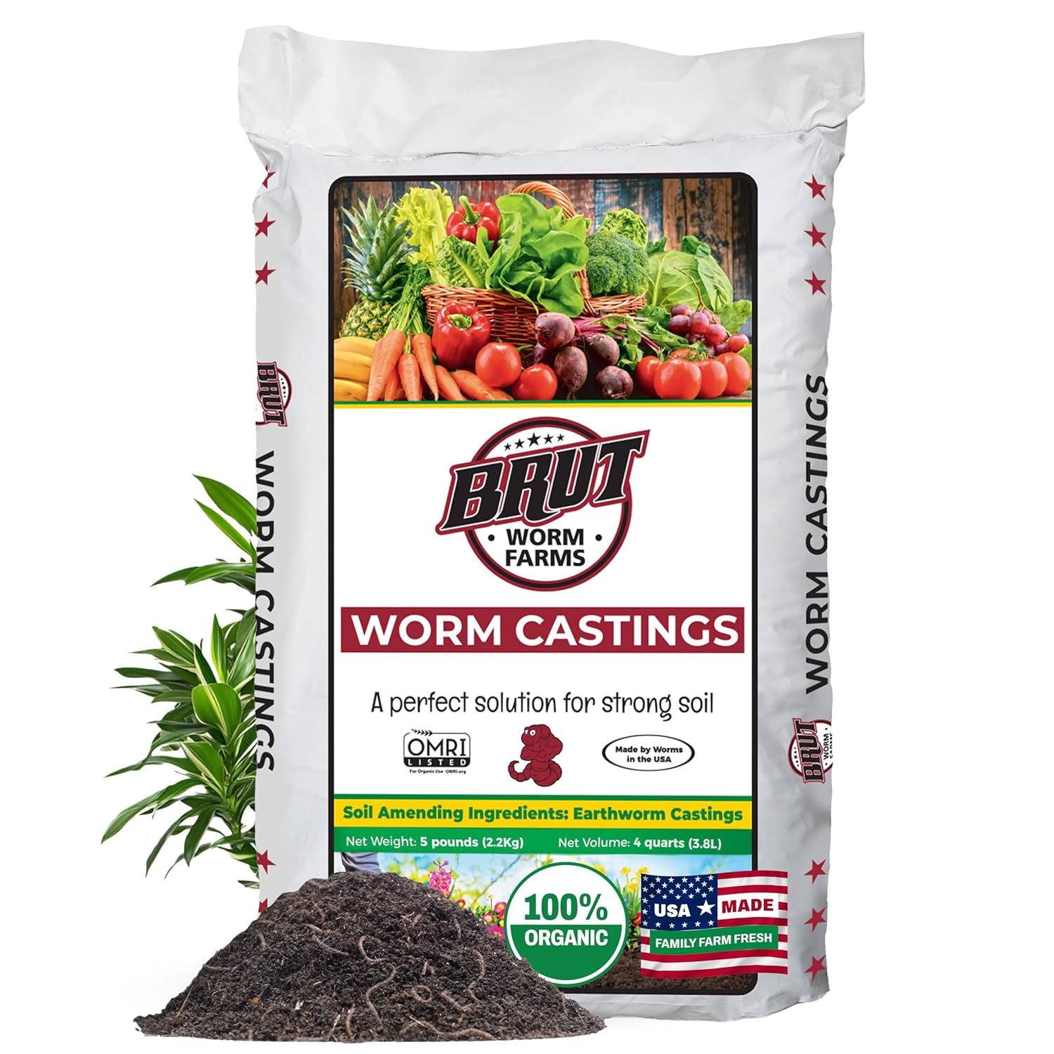 Brut Worm Farms Organic Worm Castings, Natural Fertilizer for Plants, 30 lb | Mineral-Rich Potting Mix Additive & Plant Food for Indoor Outdoor Plants, Compost, Soil Health & Garden Growth