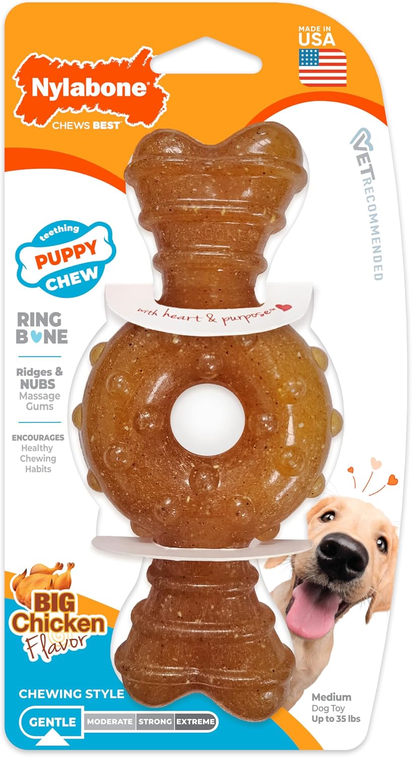 Nylabone Puppy Chew Teething Ring Bone Dog Toy, Chicken Flavor, X-Small | Soothing teething toys for puppies, puppy enrichment, & teething relief, freezable for added comfort, dogs up to 15 lbs
