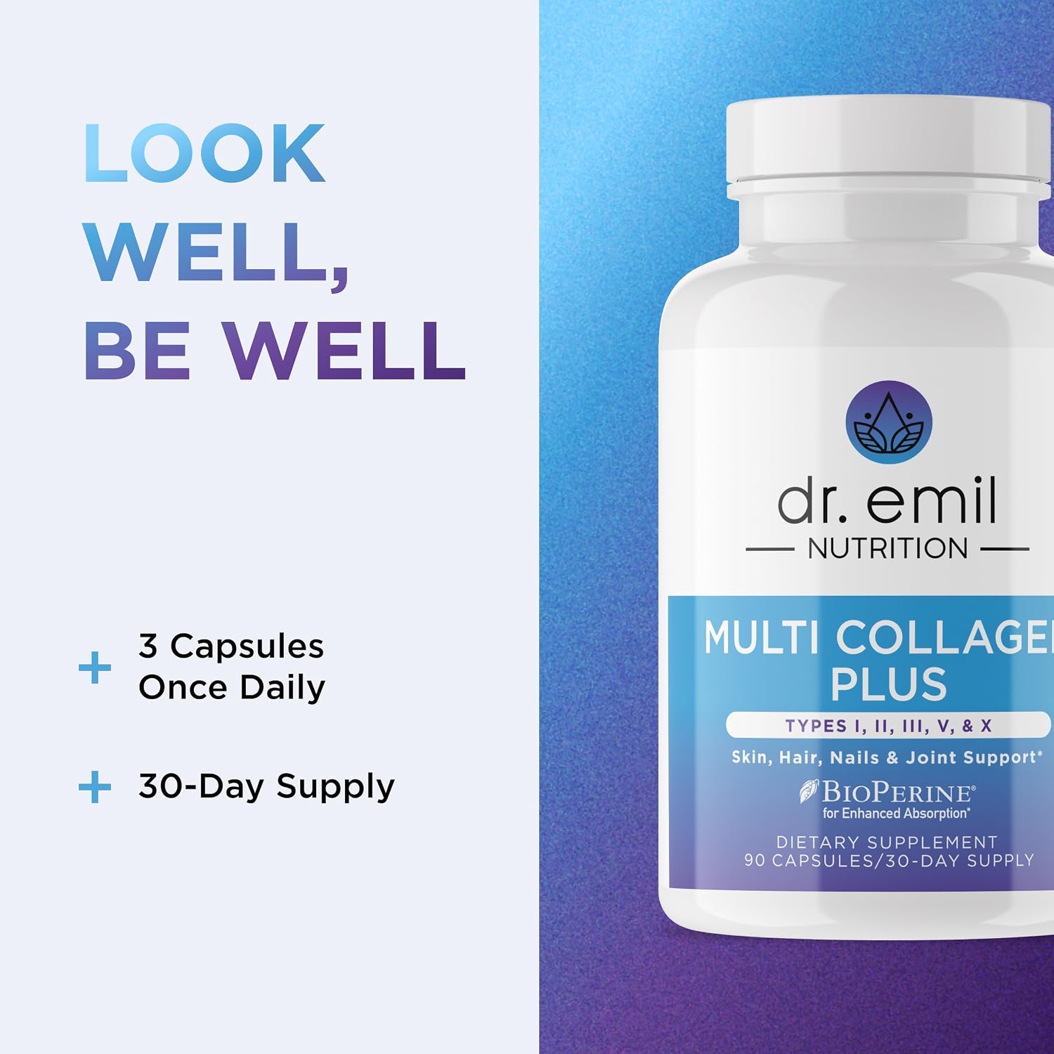 Dr. Emil Multi Hydrolized Collagen, Types I, II, III, V & X, 90 Capsules | All-in-One Hydrolyzed Collagen Blend Supporting Hair, Skin, Nails