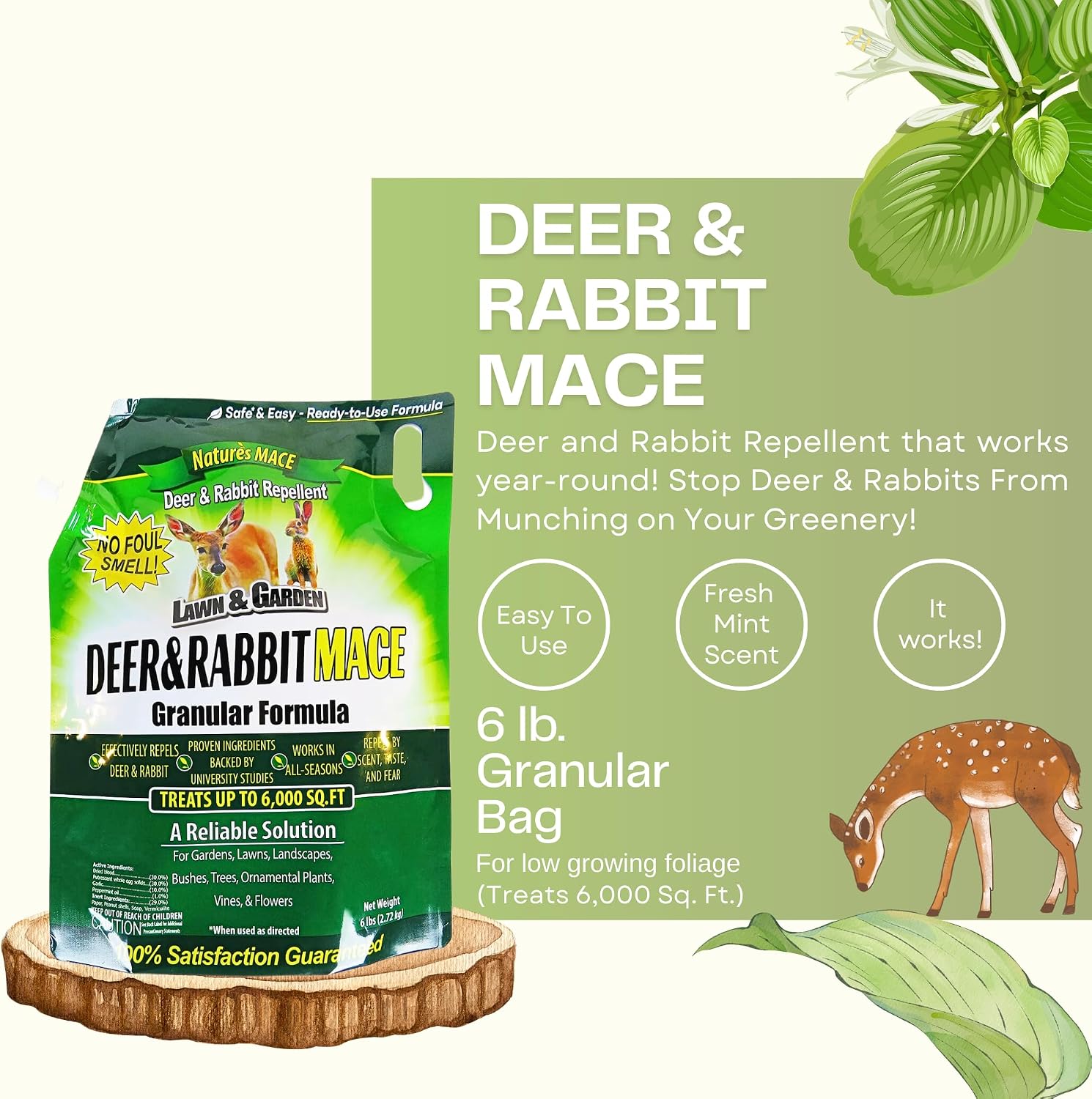 Nature's MACE Deer & Rabbit Repellent 25 lb Granules | Covers 25,000 Sq Ft, Repel Deer from Your Home & Garden, Deterrent, Safe to use Around Children, Plants, Produce.