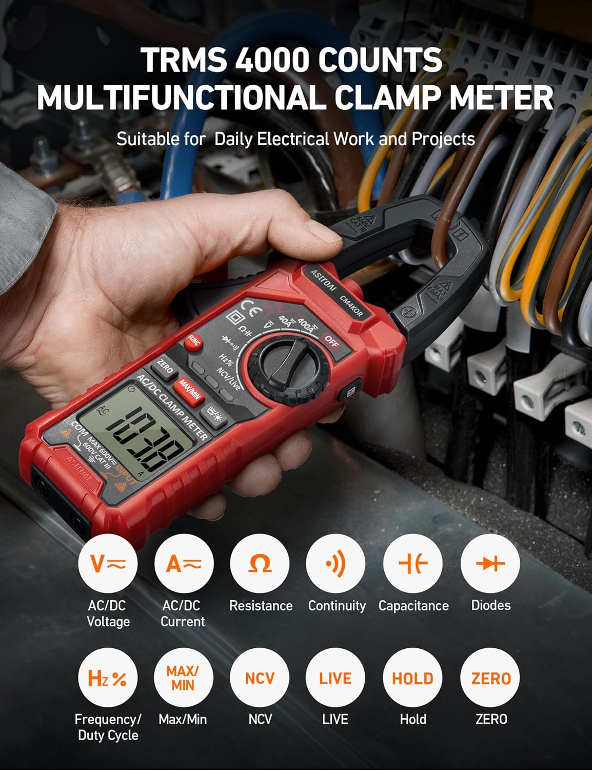 AstroAI Digital Clamp Meter Multimeter 2000 Counts Amp Voltage Tester Auto-ranging with AC/DC Voltage, AC Current, Resistance, Capacitance, Continuity