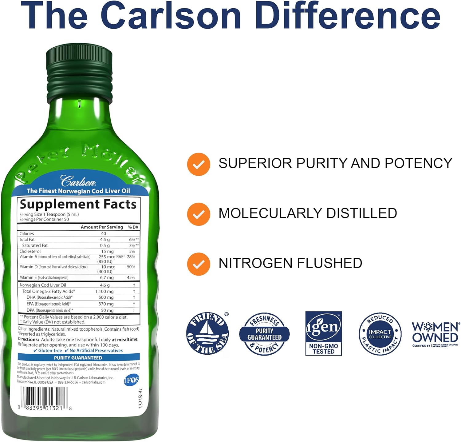 Carlson Cod Liver Oil, 1100 mg, Omega-3s, Lemon, 500 mL (16.9 Fl Oz) | plus Vitamins A and D3; Wild Caught Norwegian Arctic Cod Liver Oil; Sustainably Sourced Nordic Fish Oil Liquid