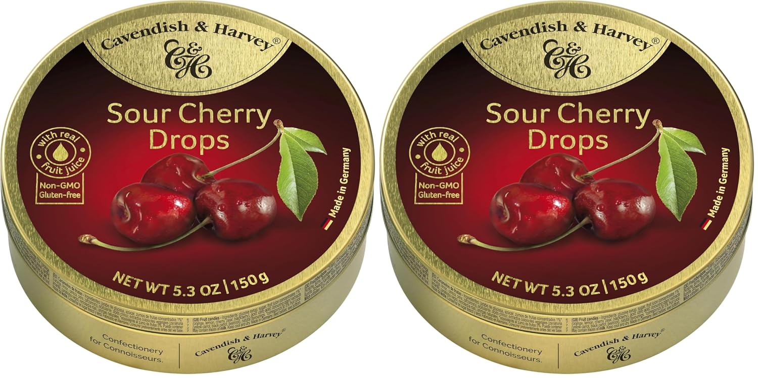 Cavendish & Harvey | Sour Cherry Hard Candy Drops | 5.3 Ounce Tin