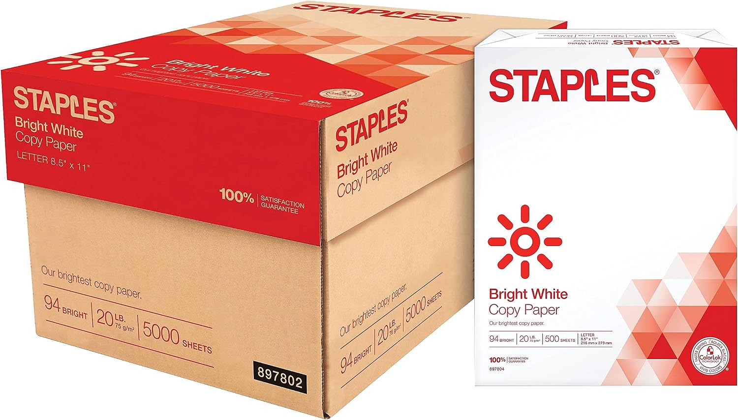 Staples Multipurpose Copy Paper, 8.5x11, 20lb, 94 Bright, 10 Reams/Carton | 5,000 white sheets total. Smooth finish reduces jams in copiers, laser & inkjet printers.