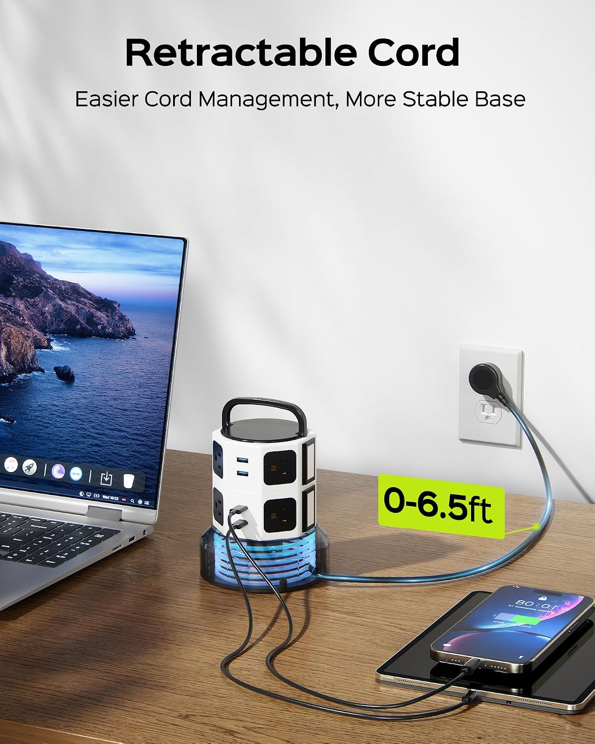 JACKYLED Power Strip Tower Surge Protector, 12 AC 6 USB (2 USB C), 1050J