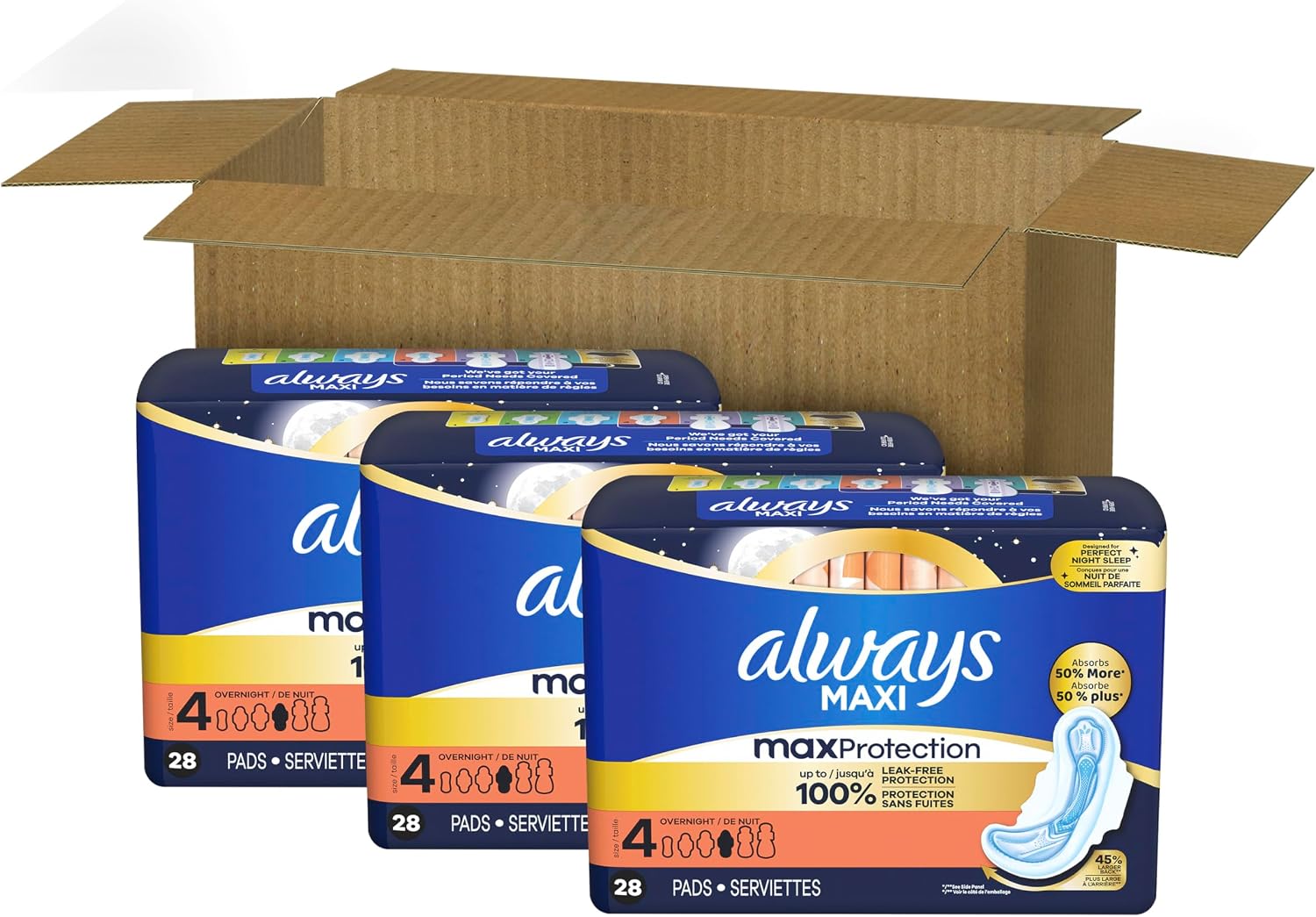 Always Maxi Overnight Feminine Pads with Wings for Women, Size 4, Overnight Absorbency, Unscented, Up to 100% Leak-Free Protection, 48 Count