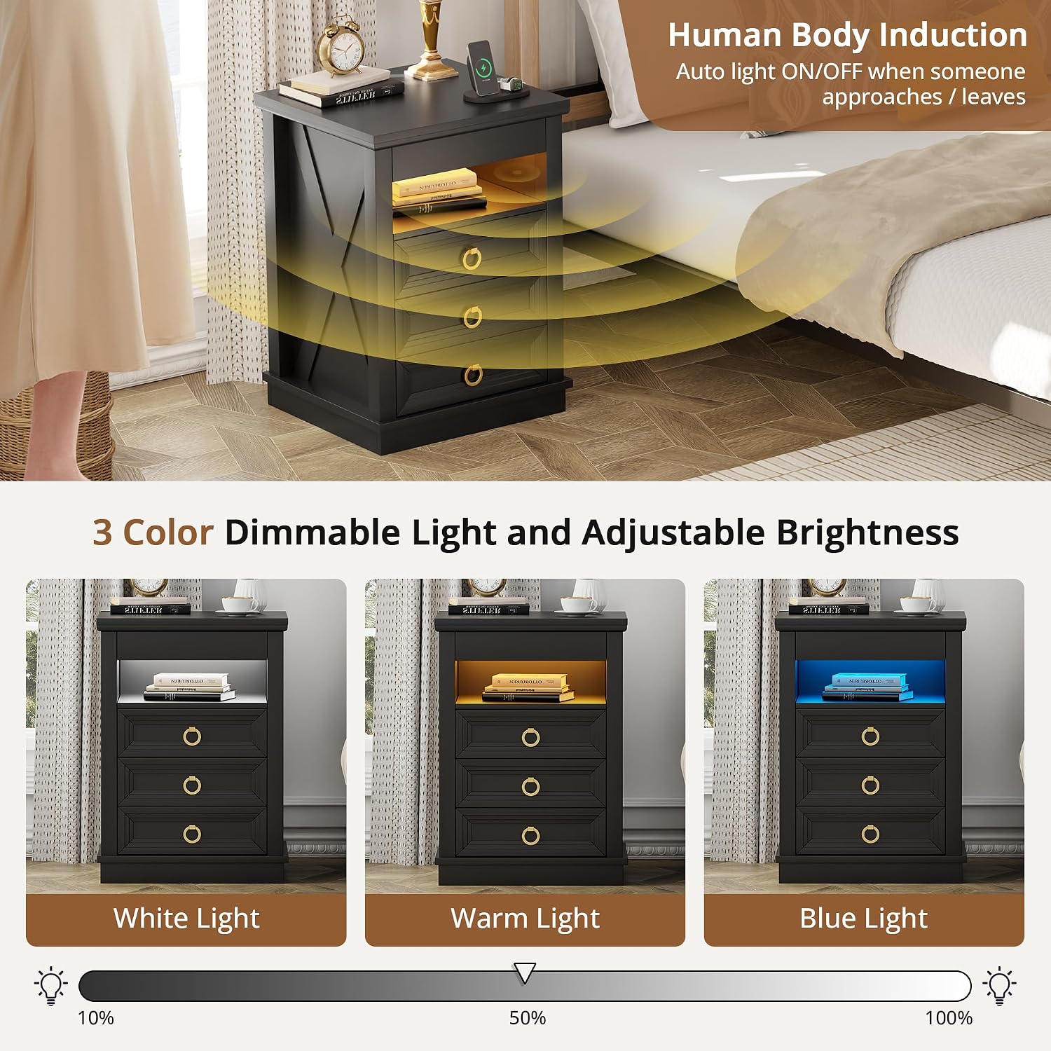 Farmhouse Nightstand with Lockable Hidden Drawer, Human Sensor LED Bedside Table with LED Lights & Charging Station, Rustic Wood Sofa Side End Table with 3 Drawers for Bedroom (Black)