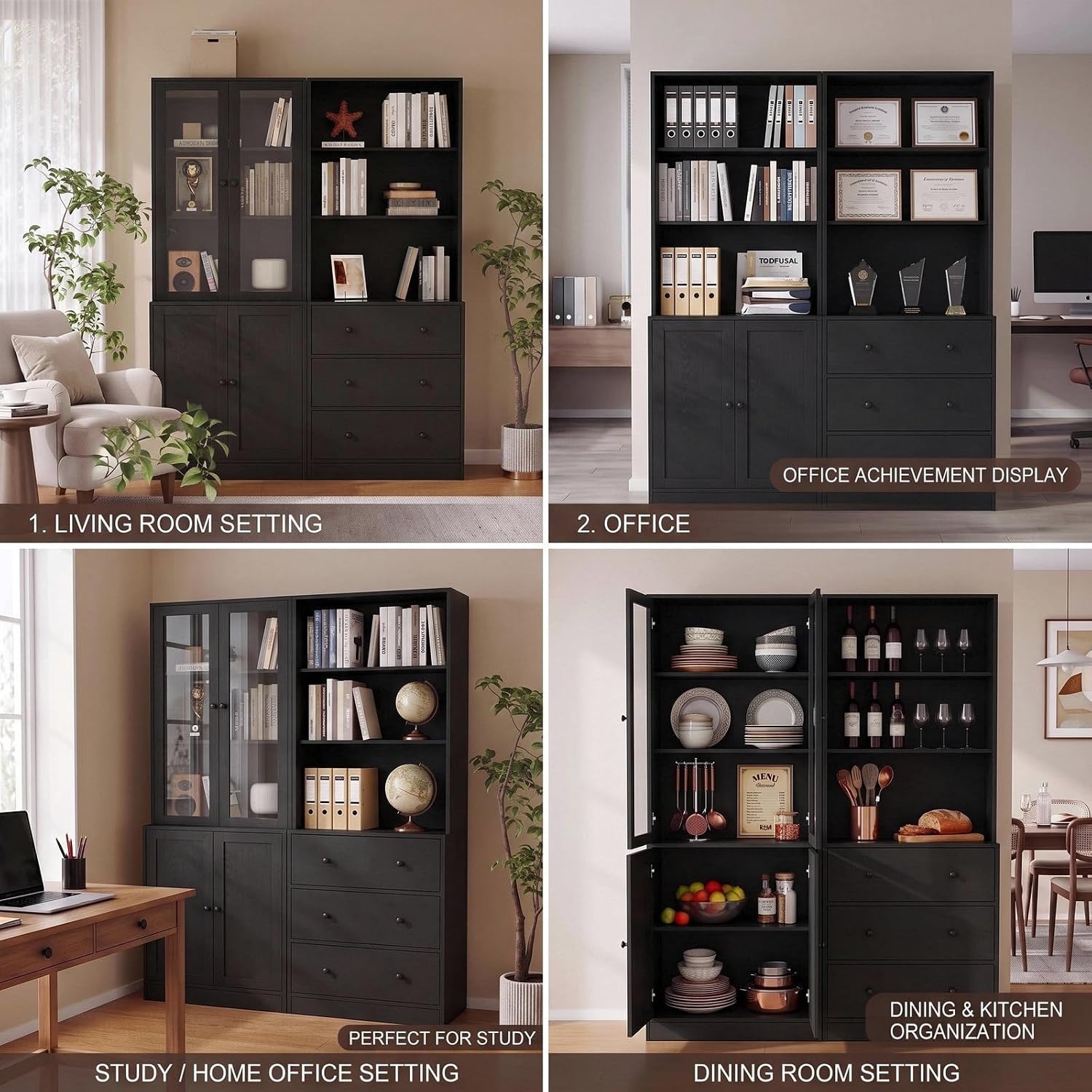 TUSY 71" H Bookcase with Storage | 6-Tier Modern Bookshelf with Drawers, Display Bookcase with Glass Doors, White Curio Cabinet for Home Office, Living Room