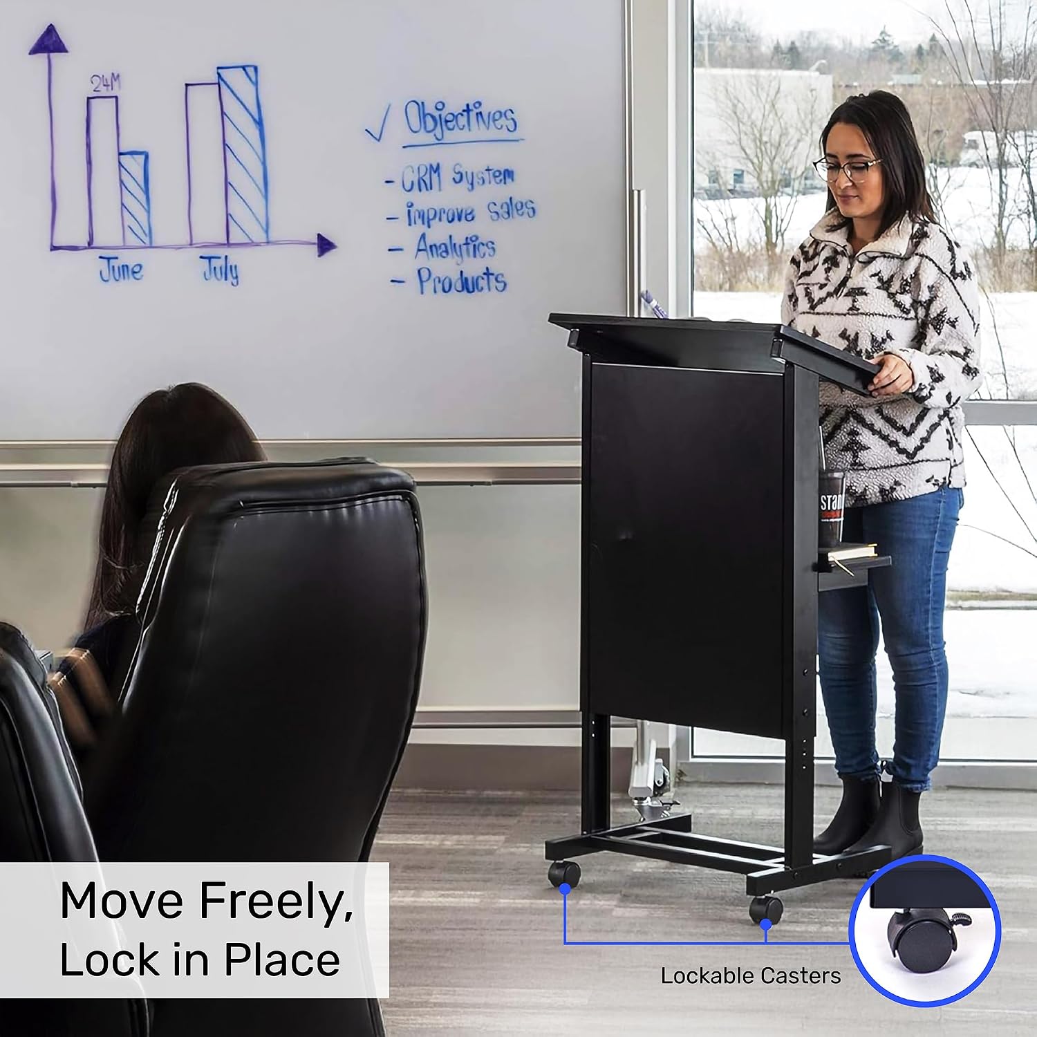 Stand Up Adjustable Height Lectern Podium | Rolling Desk with Storage Shelf | Ergonomic Standing Desk Frame for Office, Classroom, Laptop, Teaching, Presentations & More (Dark Walnut)