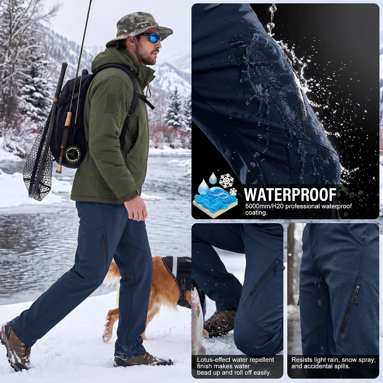 Men's Waterproof Pants Fleece Lined Insulated Winter Hiking Ski Snow Pants
