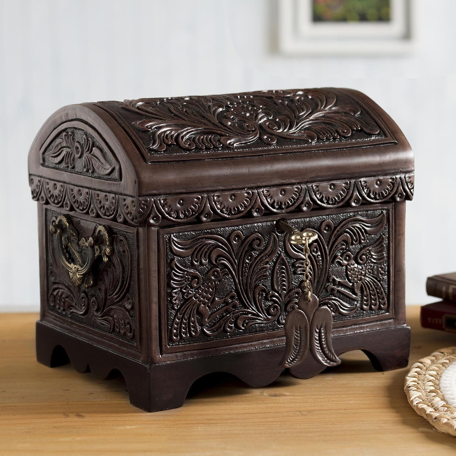 NOVICA Artisan Handmade Cedar and Leather Decorative Box | Floral Bird Motif | Brown Wood Accessories | 'Andean Flight' | 7" H x 8.75" W x 7" D