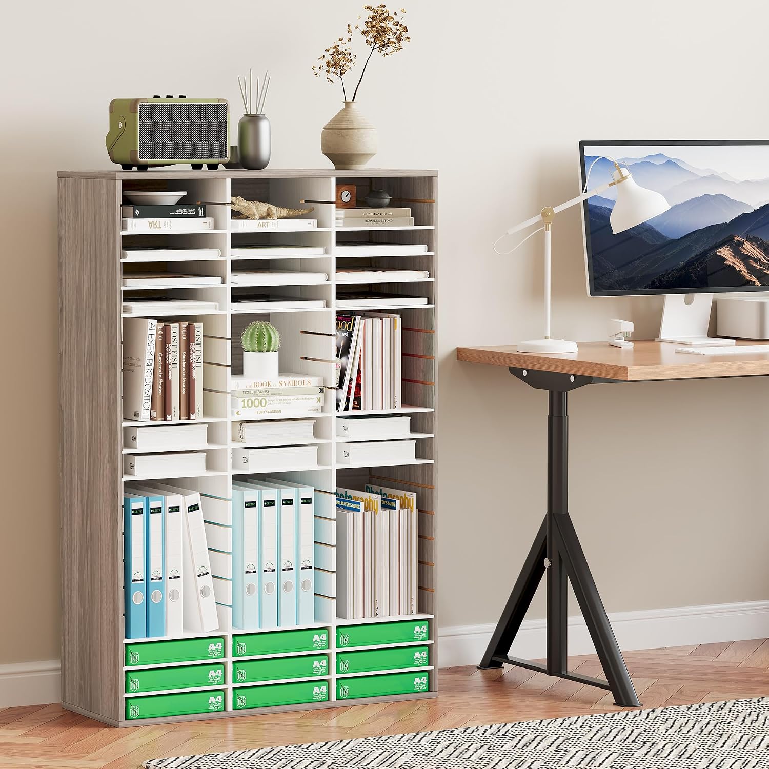EasyPAG 12 Compartments Wooden Literature Organizer with Adjustable Shelves, 6000 Sheets Capacity Paper Organizer