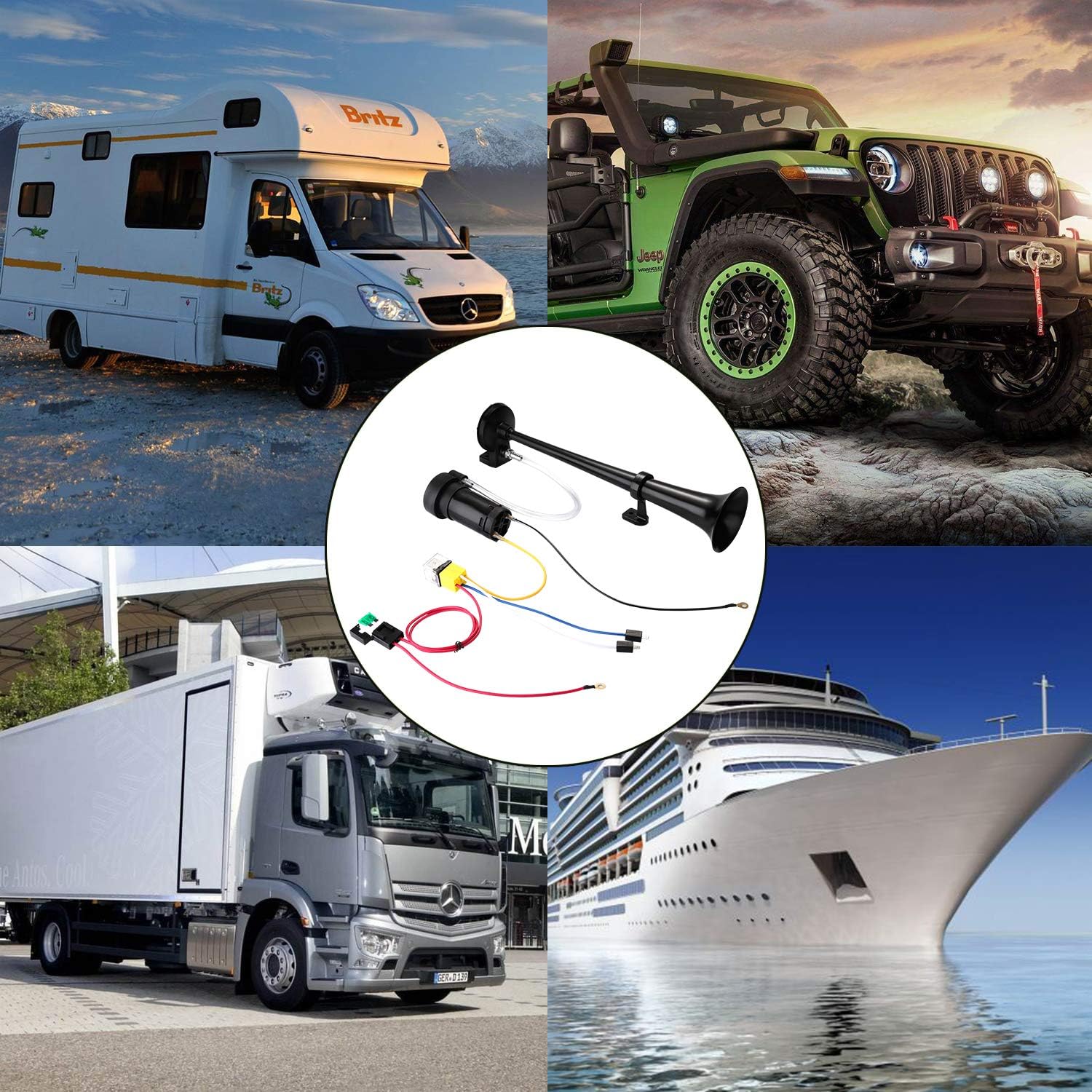 HK 12V 150db Air Train Horn Kit with Compressor Single Trumpet Air Horn Powerful Loud for Trucks Cars Boat SUV Train (Black)