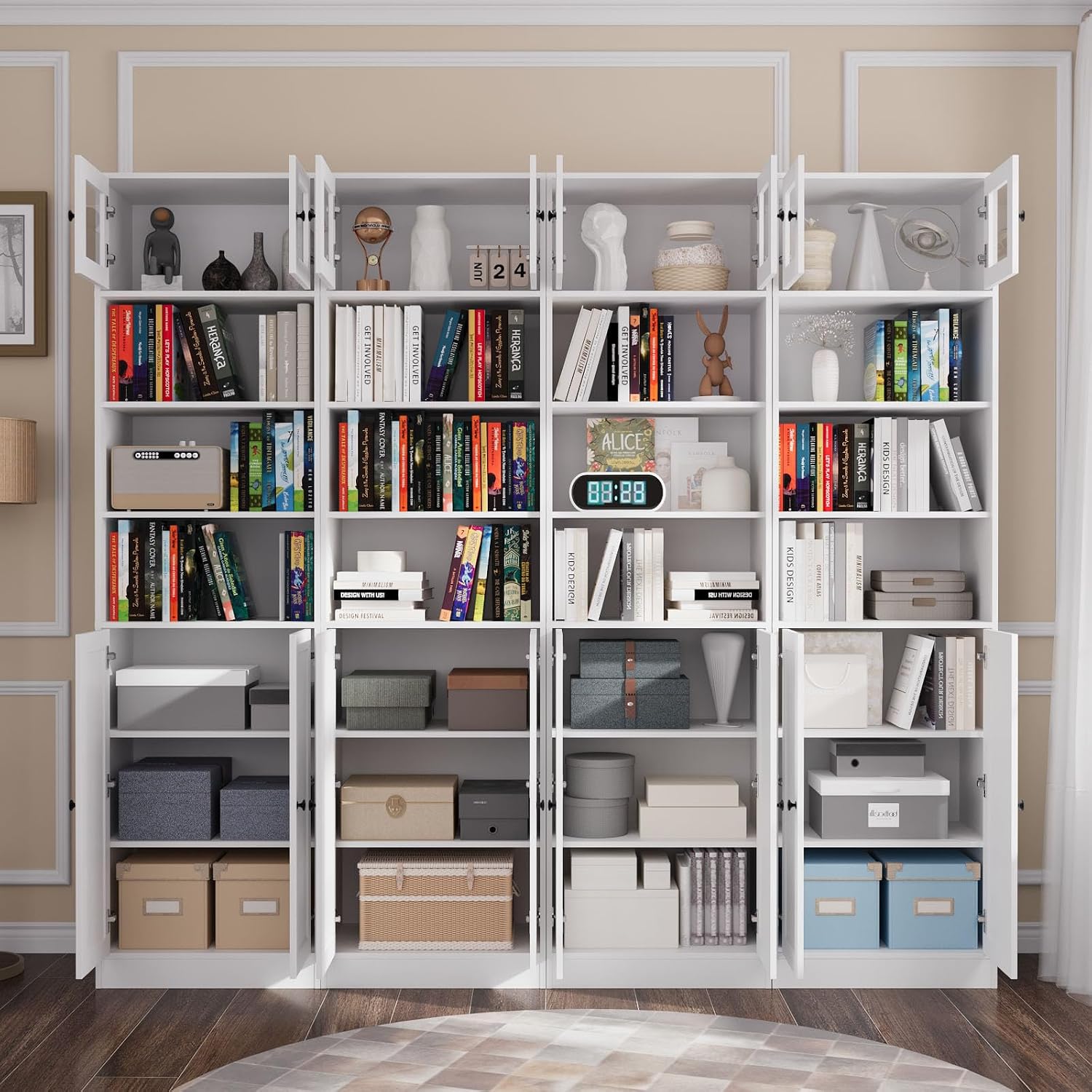 TUSY 85.5 Inch Tall Bookshelf with Doors - 7 Tier Bookcase with Glass Doors and Drawer, 23.6" Wide Storage Cabinet with Open Shelves for Living Room, White Book Shelf for Home Office, Study (AAAA)