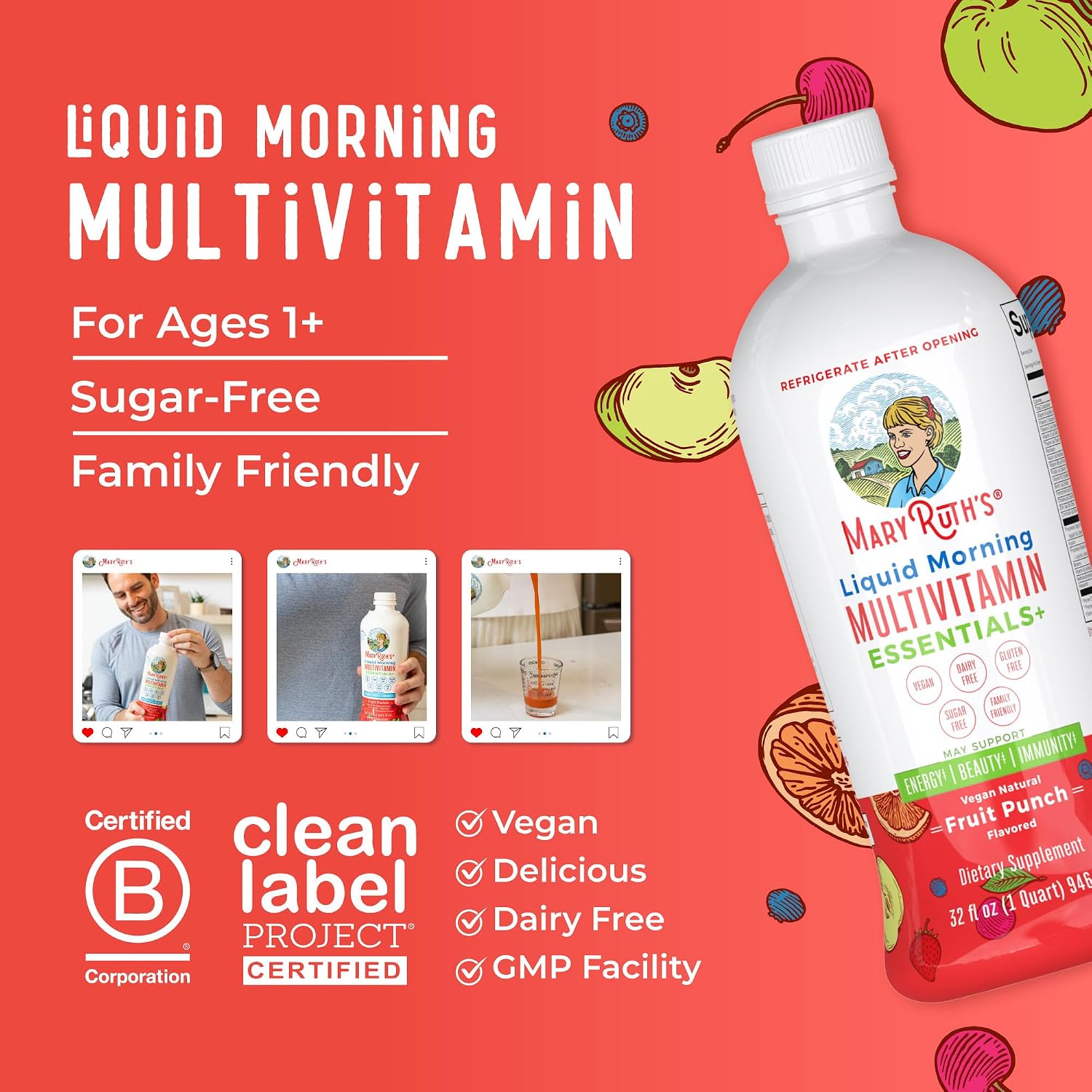 MaryRuth's Liquid Morning Multivitamin Essentials+, 2 Flavors, Vegan, 32oz