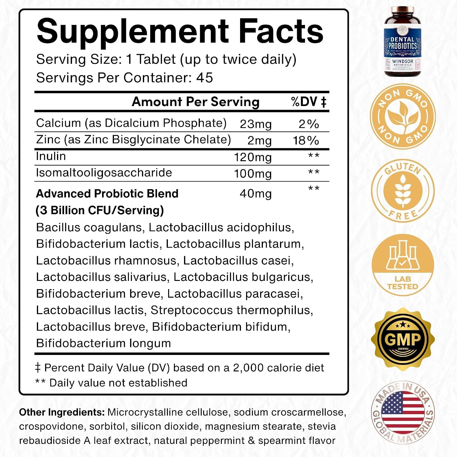 Oral Probiotics for Teeth and Gums - 3BN CFU Lactobacillus Salivarius Acidophilus Rhamnosus Streptococcus - Bad Breath Treatment for Adults - 45