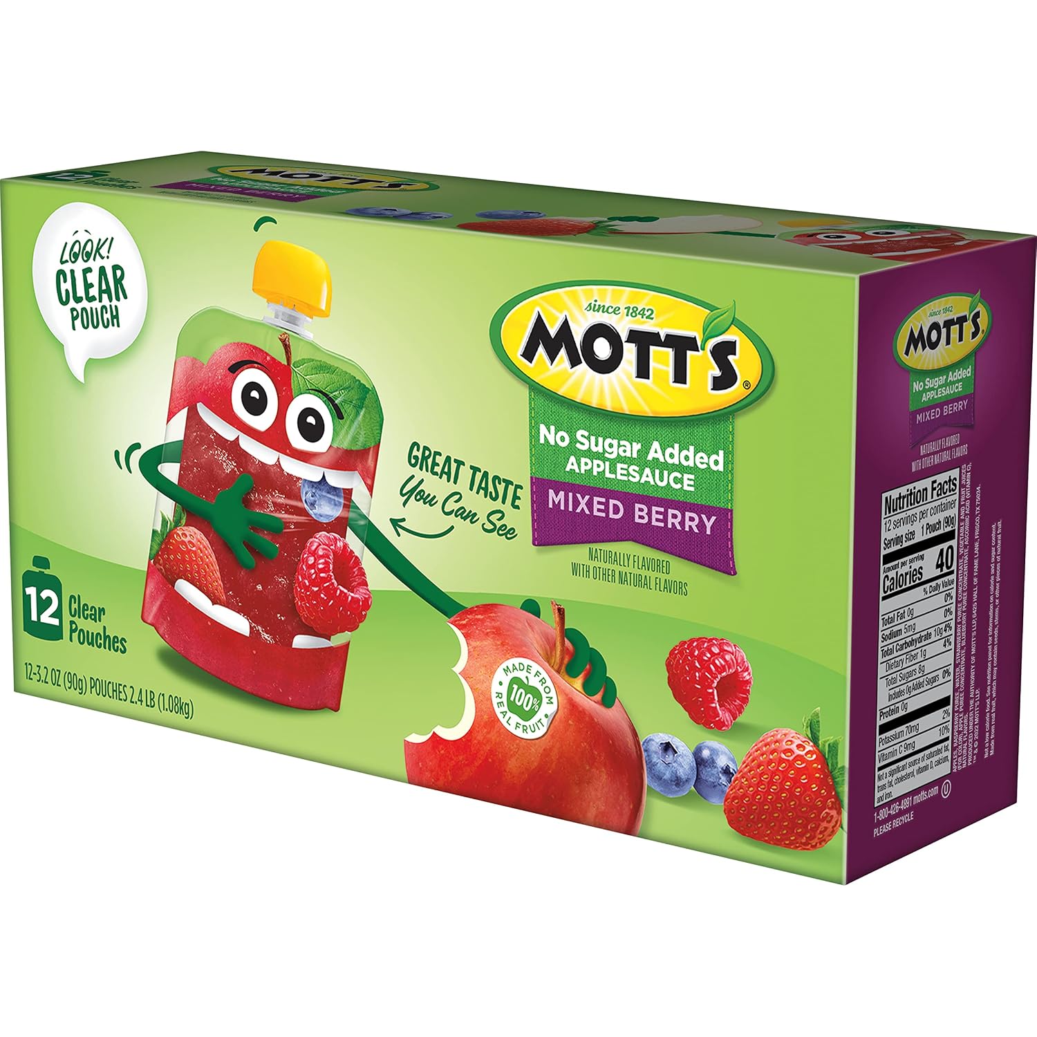 Mott's No Sugar Added Strawberry Applesauce, 3.2 Oz Clear Pouches, 48 Count (4 Packs Of 12), Good Source Of Vitamin C, No Artificial Flavors