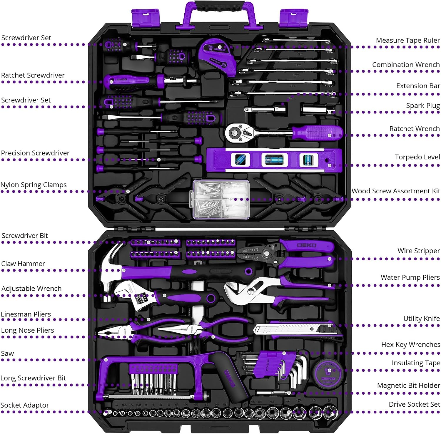 DEKOPRO 228 Piece Socket Wrench Auto Repair Tool Combination Package Mixed Tool Set Hand Tool Kit with Plastic Toolbox Storage Case
