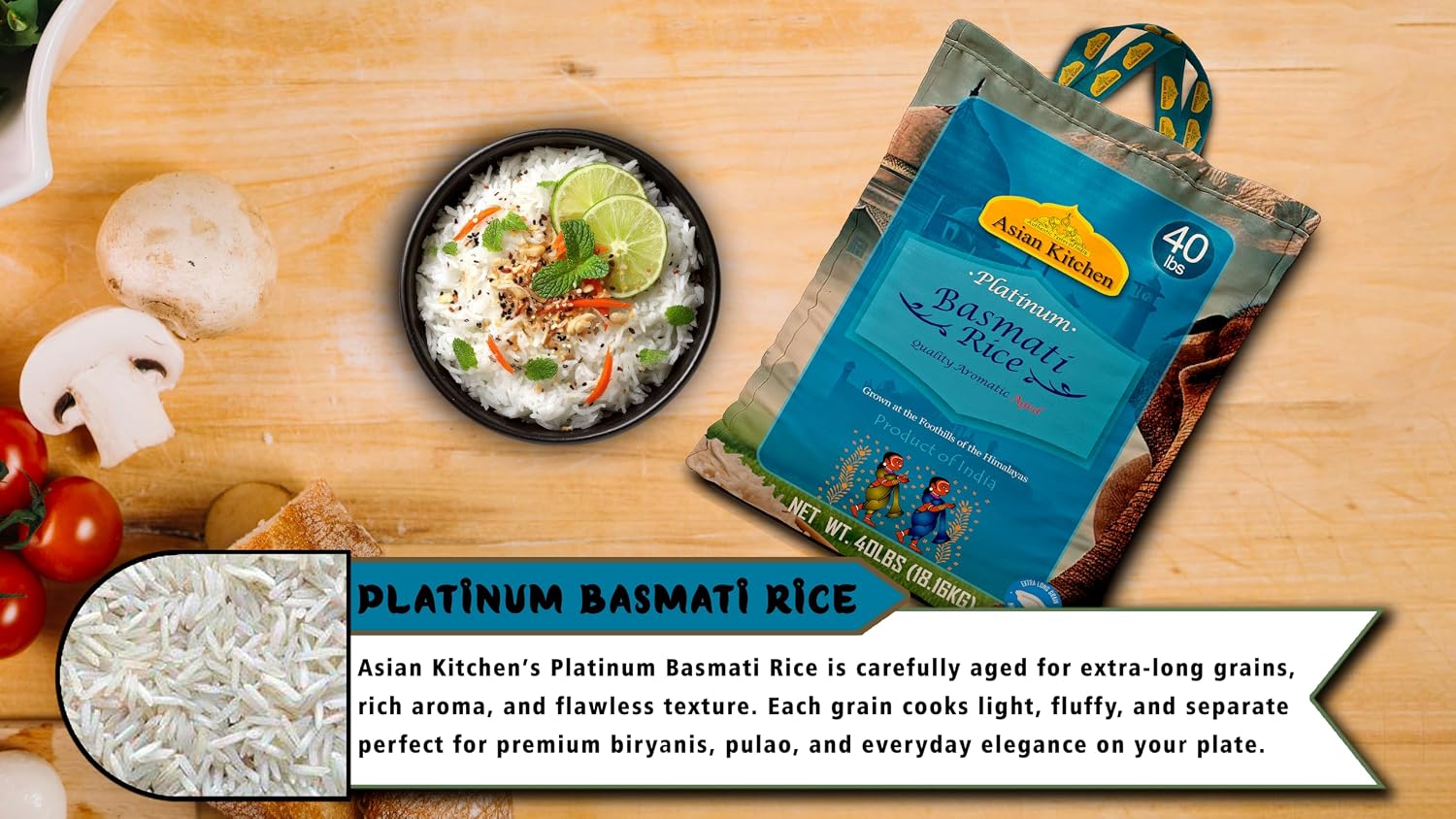 Asian Kitchen Platinum White Basmati Rice Extra Long Aged 20lbs (9.08kg) ~ All Natural | Gluten Friendly | Vegan | Indian Origin | Export Quality