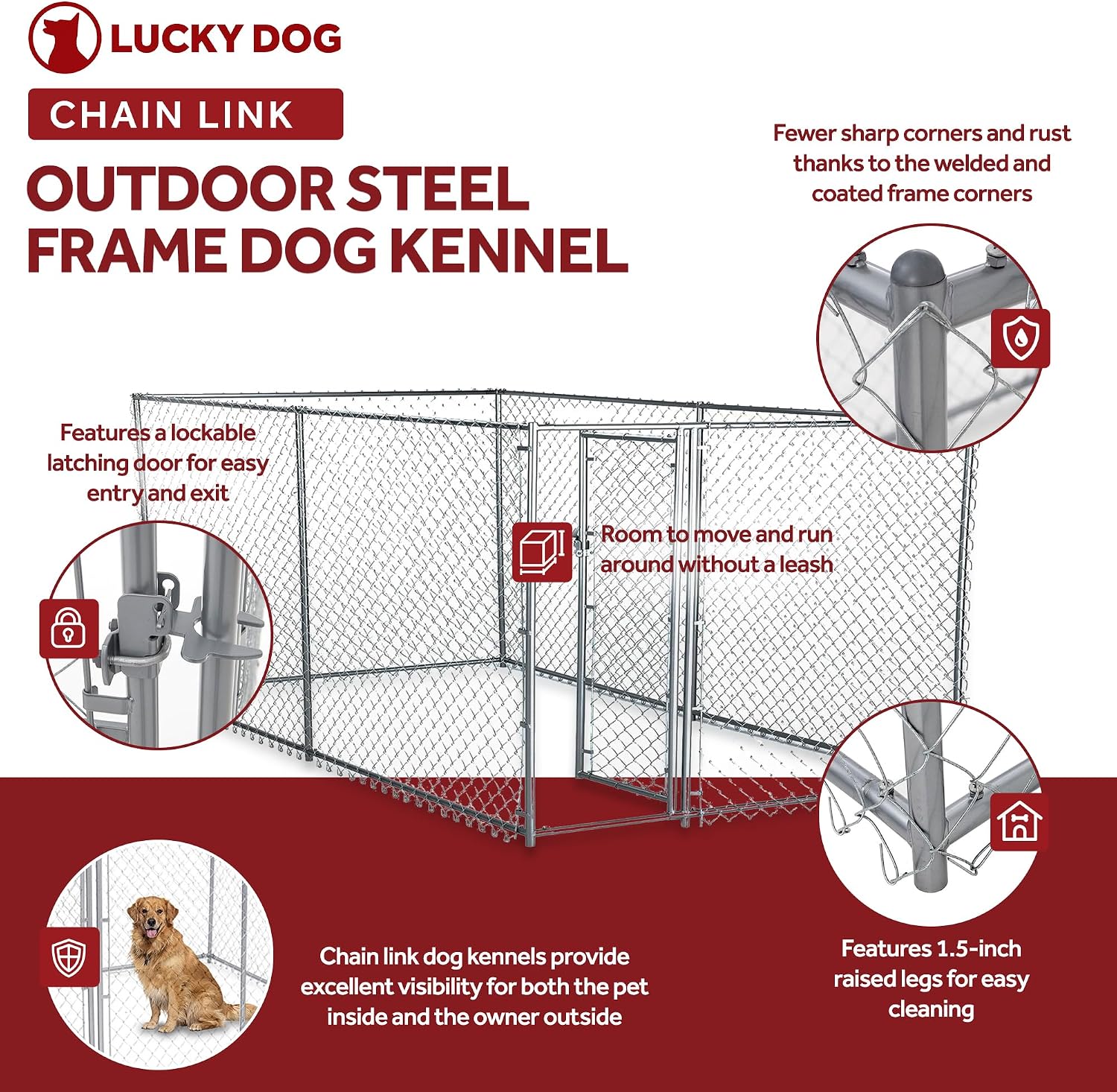 Lucky Dog 10' x 10' x 6' Heavy Duty Outdoor Welded Galvanized Steel Chain Link Dog Kennel Enclosure with 2 Configurations and Latching Door, Silver