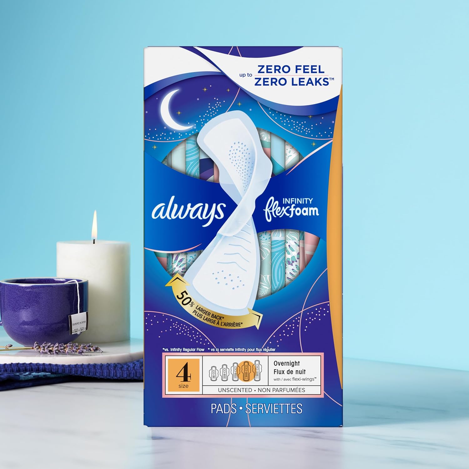 Always Infinity FlexFoam Pads for Women, Size 4, Overnight Absorbency, Unscented, 28 Count
