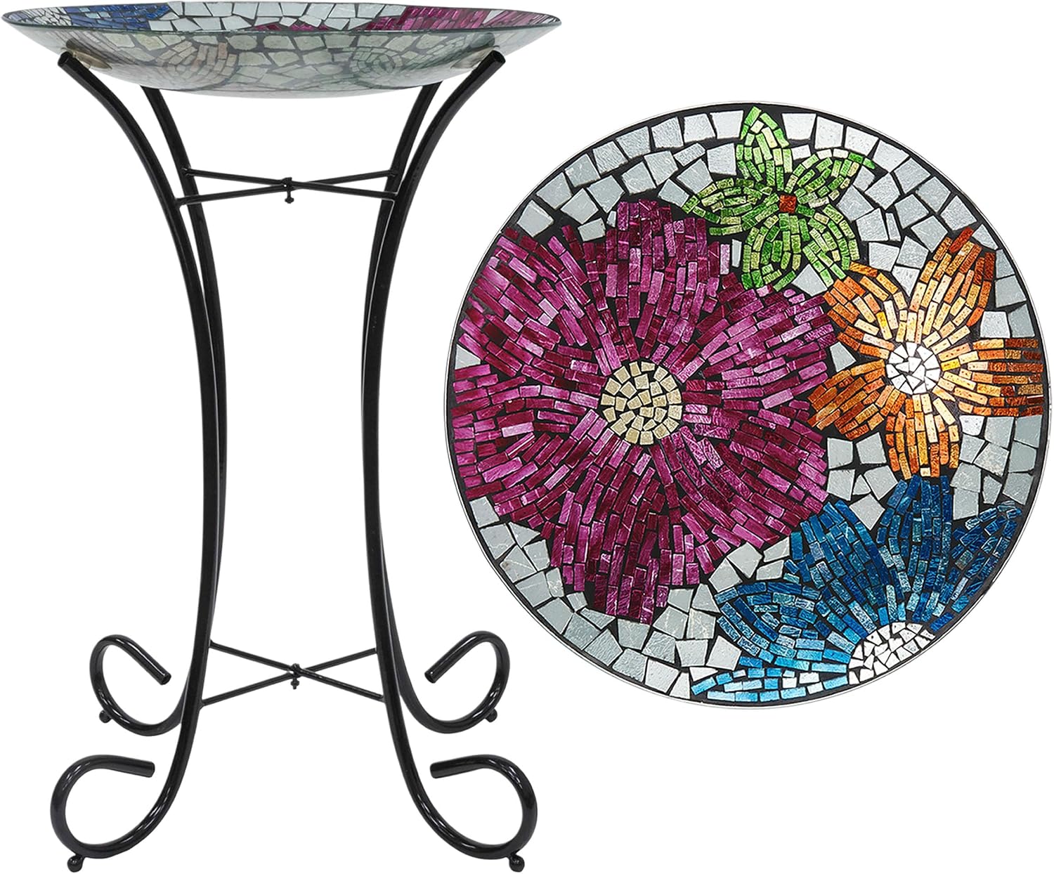 Alpine Corporation 24" Tall Outdoor Floral Mosaic Glass Birdbath with Metal Stand and Detachable 18 Inch Diameter Bowl, Garden Decor