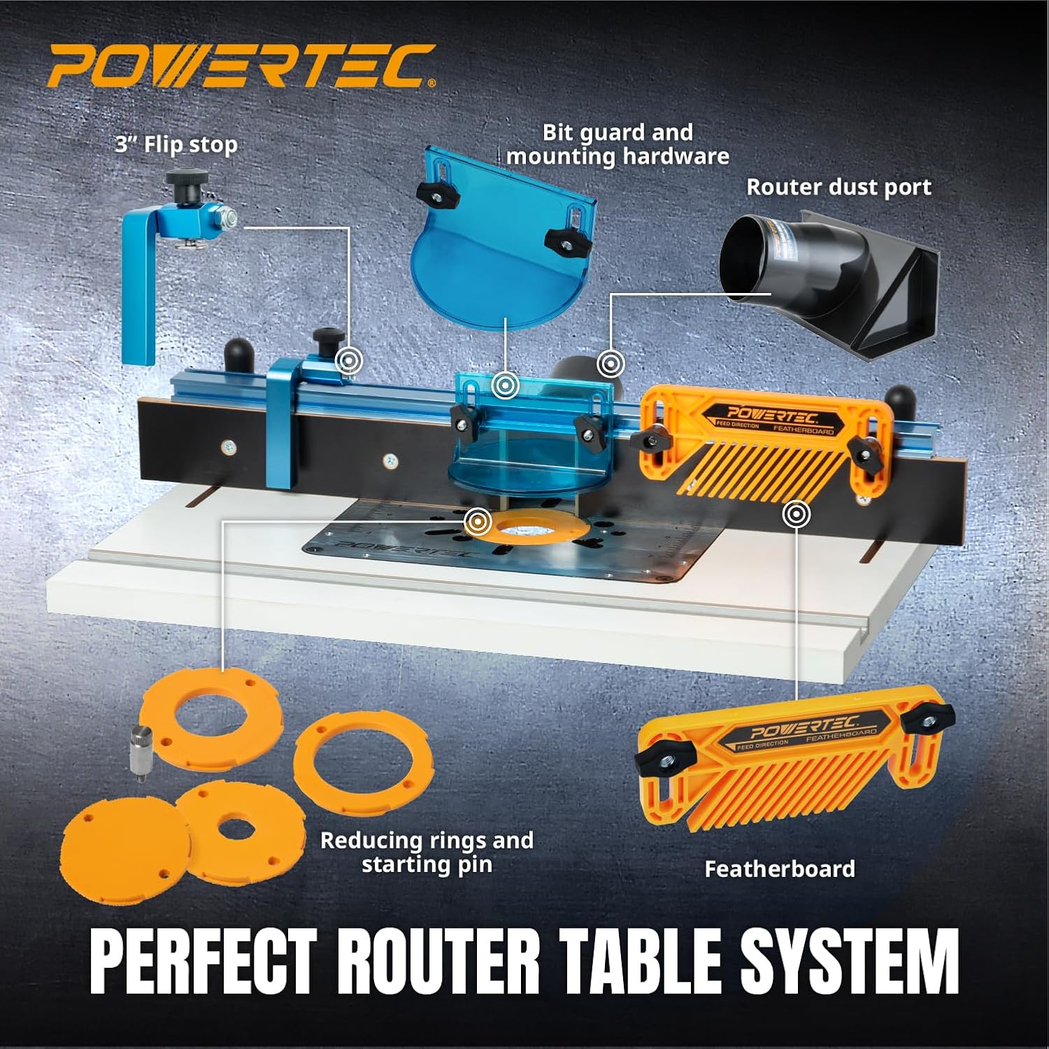 POWERTEC Benchtop Router Table w/Metal Stand and Adjustable Fence Set – 24" x 16" Laminated MDF Top, Aluminum Insert Plate, 2-1/2" Dust Port