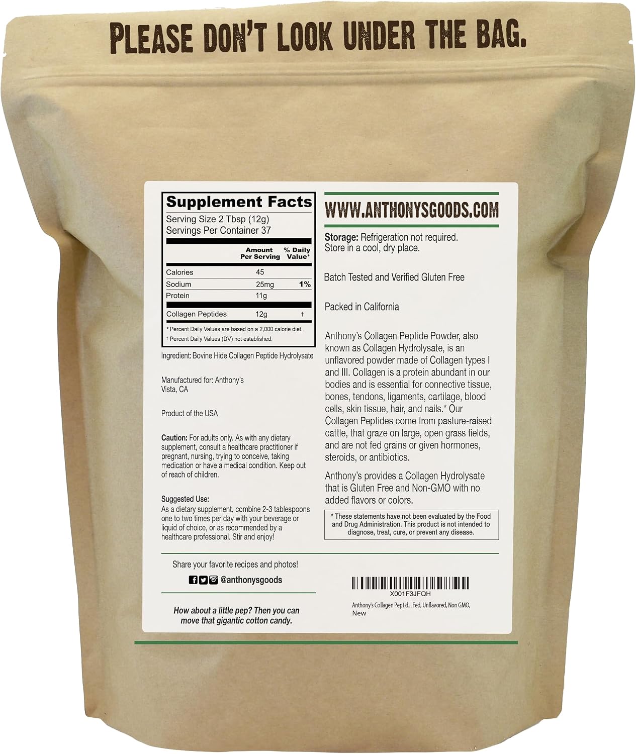 Anthony's Collagen Peptide Powder, 1 lb, Pure Hydrolyzed, Gluten Free, Keto and Paleo Friendly, Grass Fed, Unflavored, Non GMO