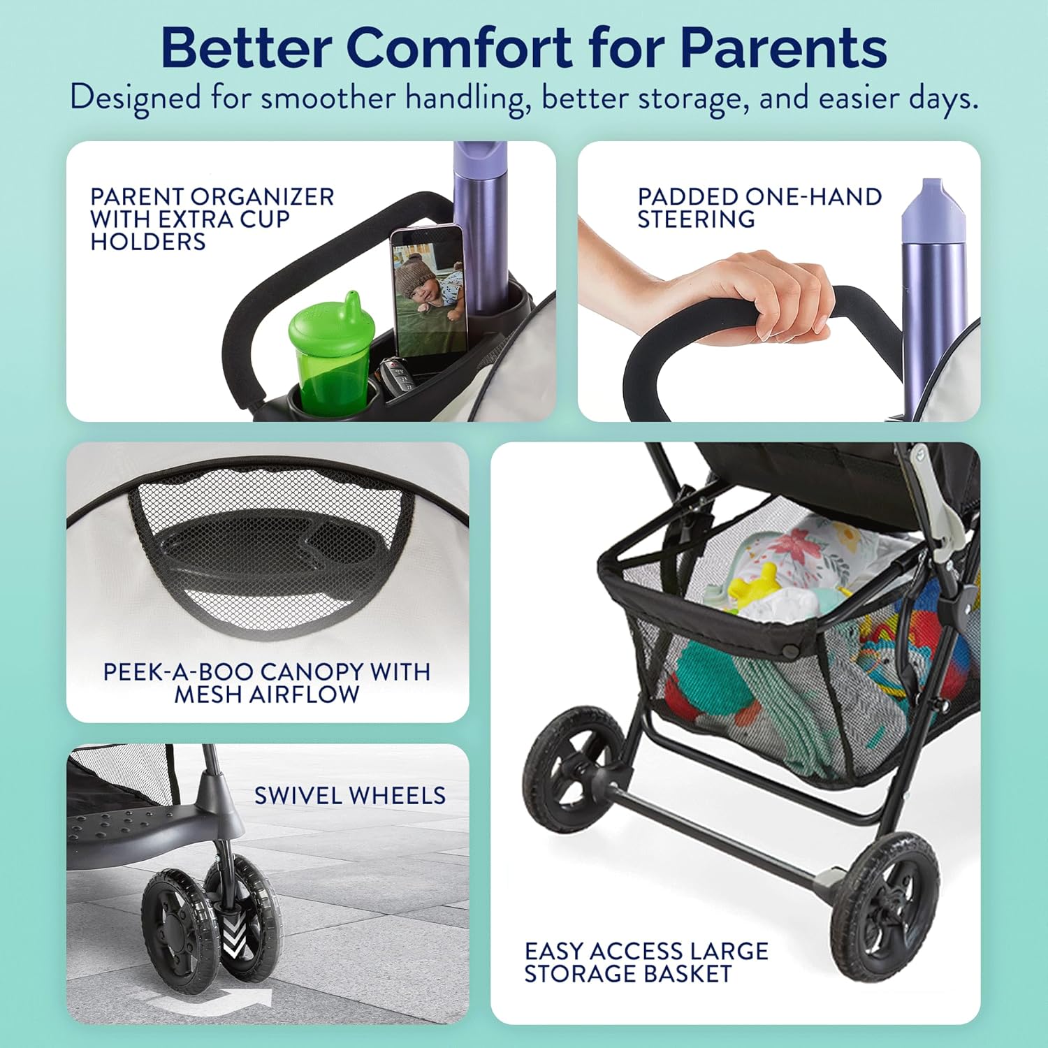 Kolcraft Cloud Plus Lightweight Umbrella Stroller for Toddlers with Reclining Seat, Large Storage Basket, Canopy, Infant & Parent Trays