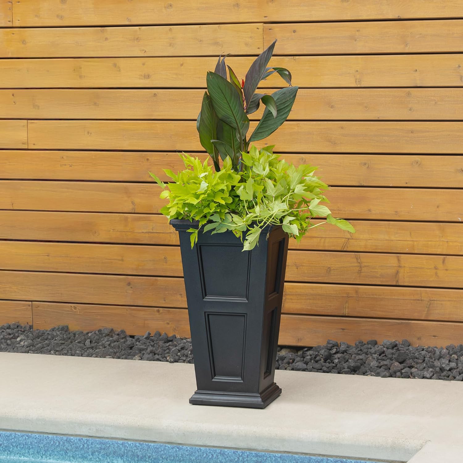 Mayne Fairfield 28in Self-Watering Tall Square Planter, Black | Self-watering, All season, Fade resistant, Reversible planting shelf, 15-year warranty