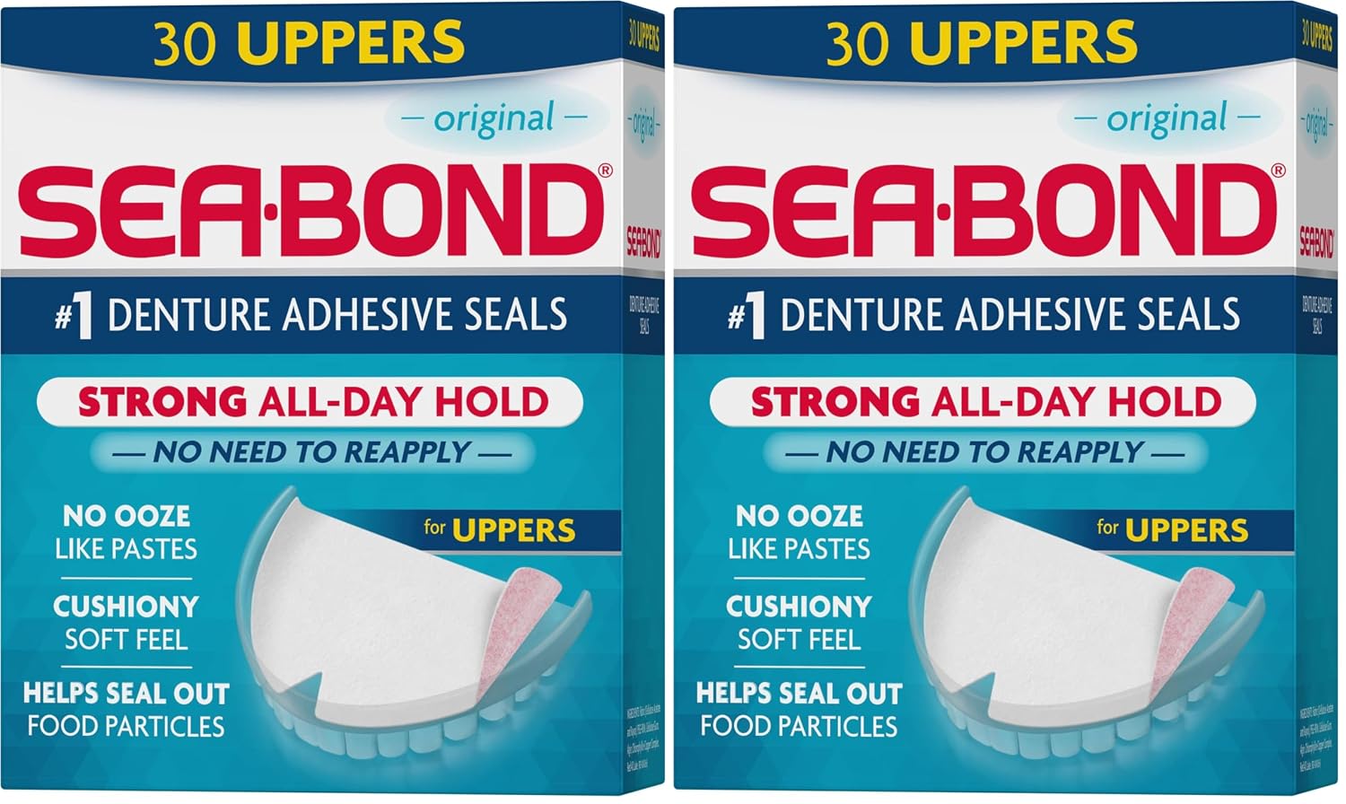 SEA BOND Denture Adhesive Seals, Original, Uppers, 30 Count (1 Pack) | Zinc-free denture adhesive seals for all-day hold. Soft cushiony seal without mess or ooze. Provides comfort and confidence.