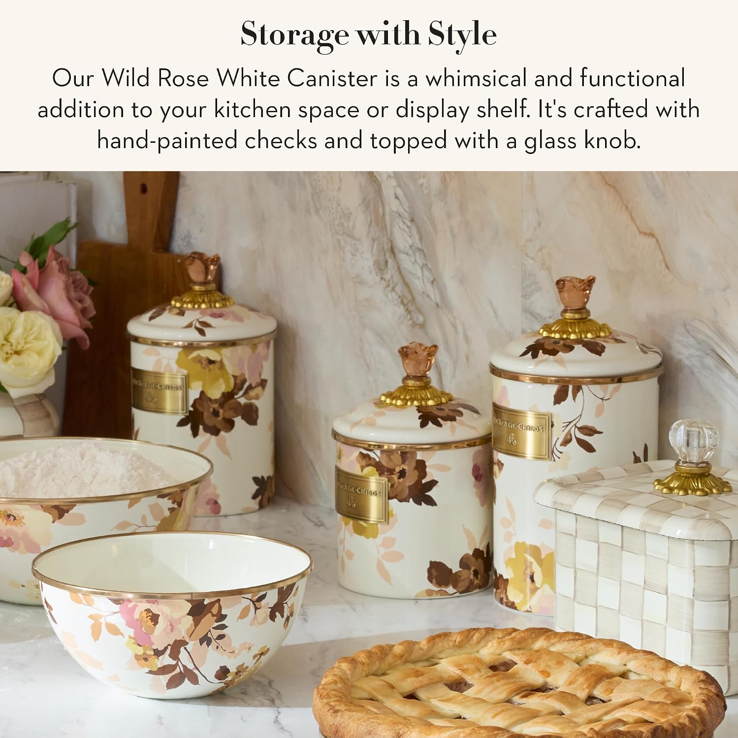 MACKENZIE-CHILDS Enamel Canister, Large, White Butterfly Garden | Hand-applied design, made from enameled steel, versatile kitchen storage container for flour and sugar, 64-ounce capacity