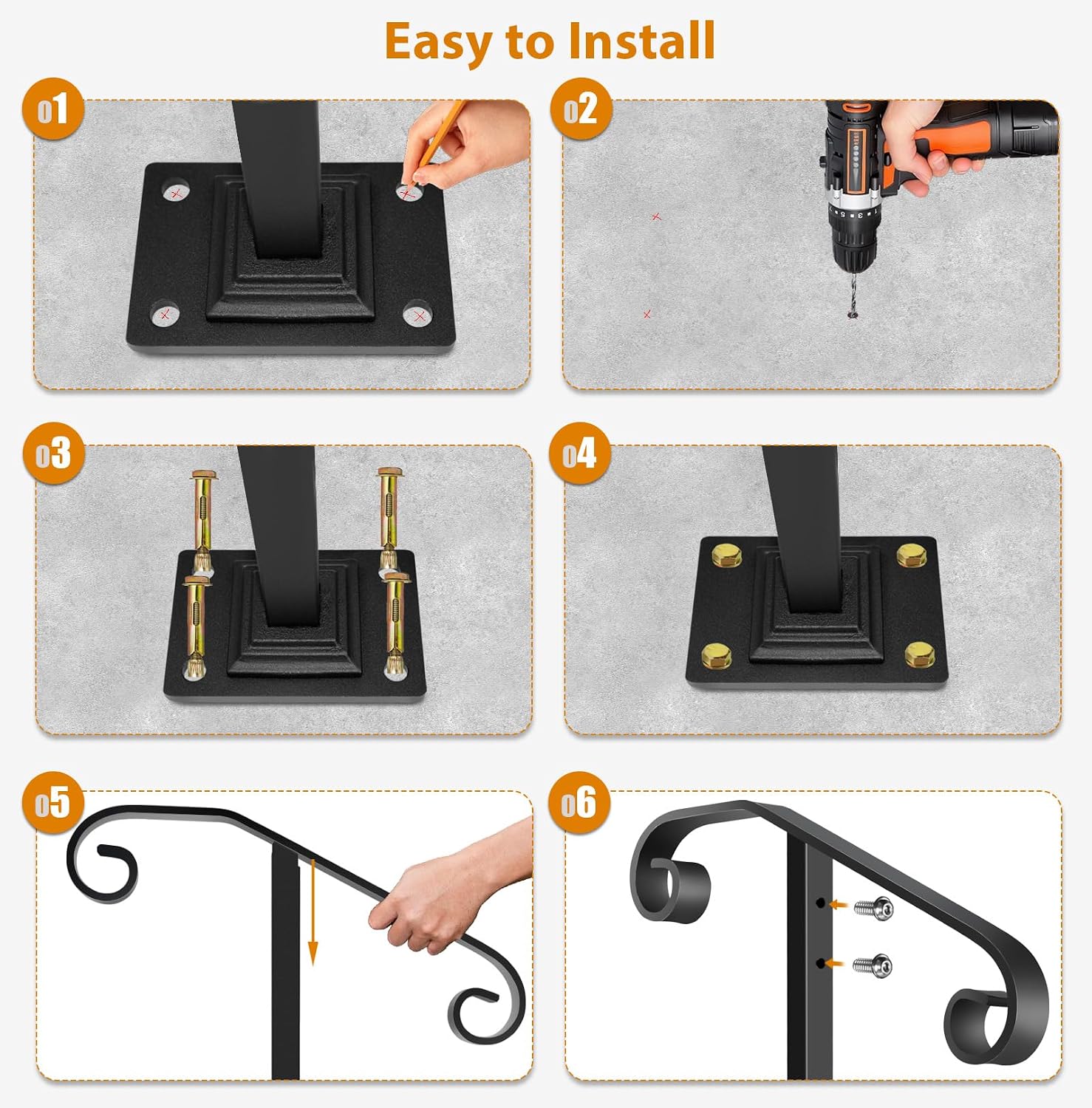 Wrought Iron Handrail 38.8" H, Single Post Handrail Fits 1 or 2 Steps