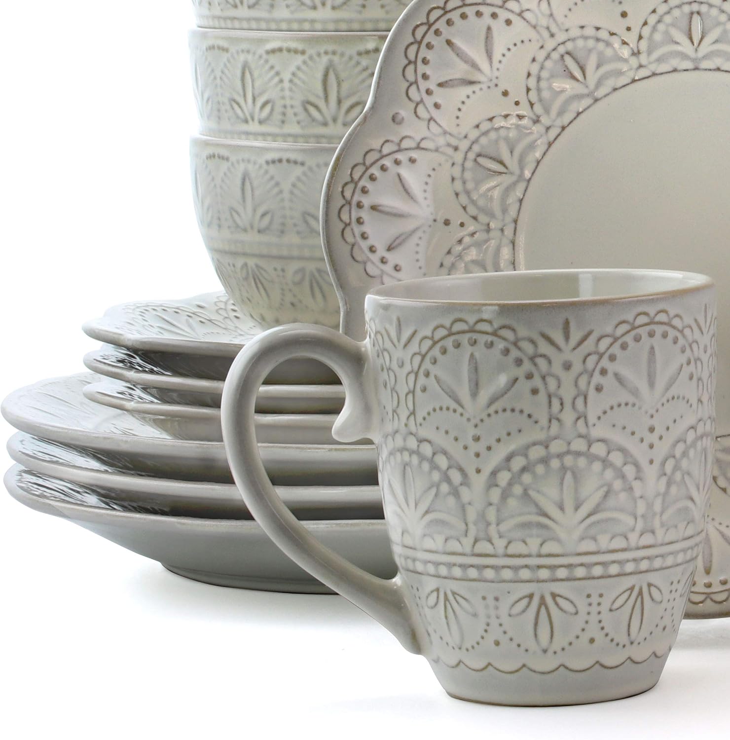 Elama White Lace 16 Piece Round Scallop Stoneware Dinnerware Set in White