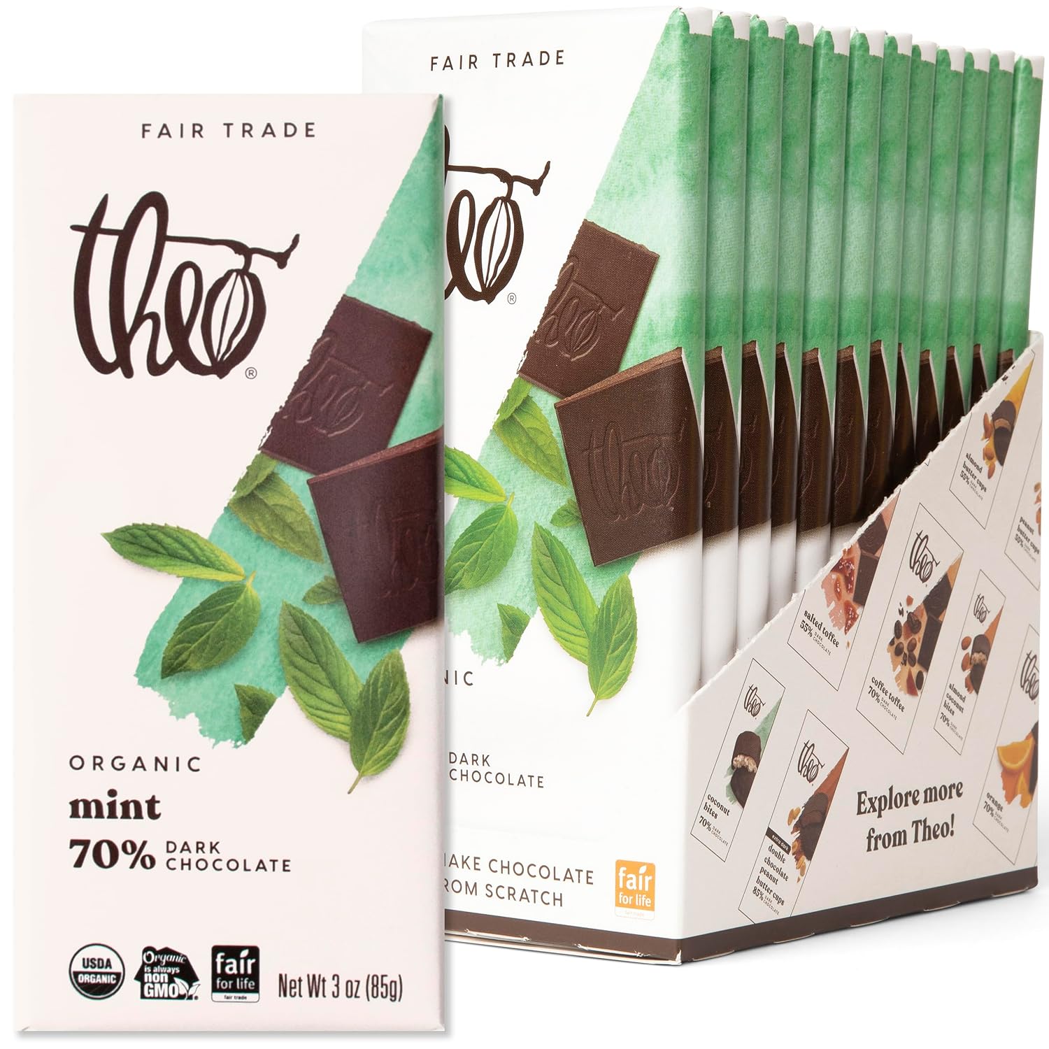 Theo Mint Organic Dark Chocolate Bar, 70% Cacao, 1 Bar | Vegan, Fair Trade