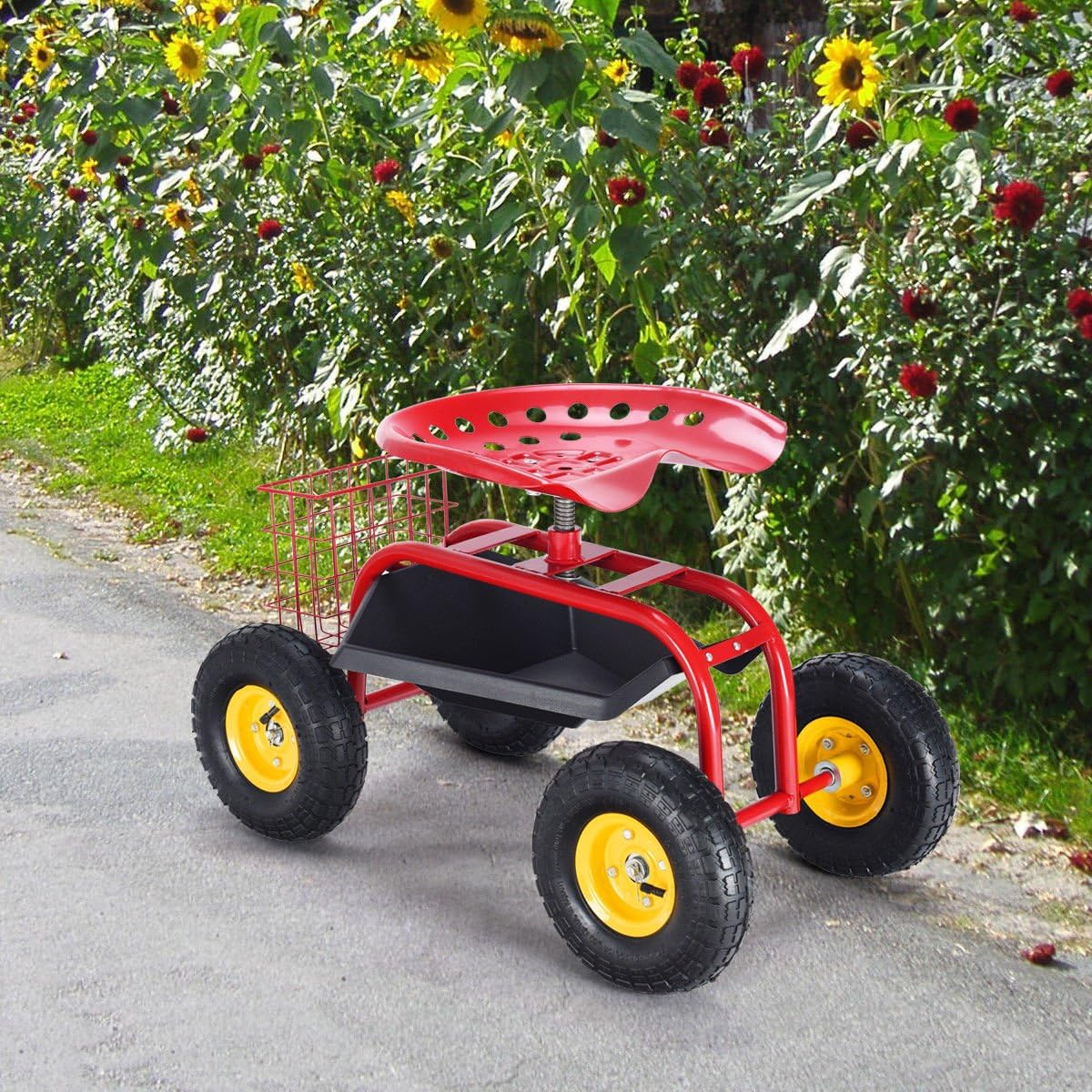 Giantex Rolling Garden Work Seat, 360 Swivel Gardening Workseat with Wheels, Tool Basket, Adjustable Height, Outdoor Scooter for Sitting, Gardening Stool Chair for Planting Trimming, Red