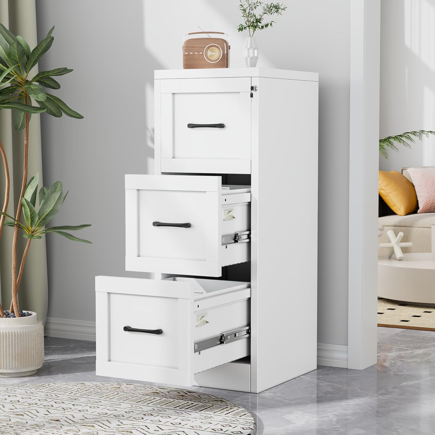 3 Drawer File Cabinet, Office Mobile Filing Cabinet, Printer Stand | All-in-One Office Storage, 3 Storage Drawers, 2 Adjustable Shelves, Lockable Cabinet, 4 Casters, 46.5-Inch Top