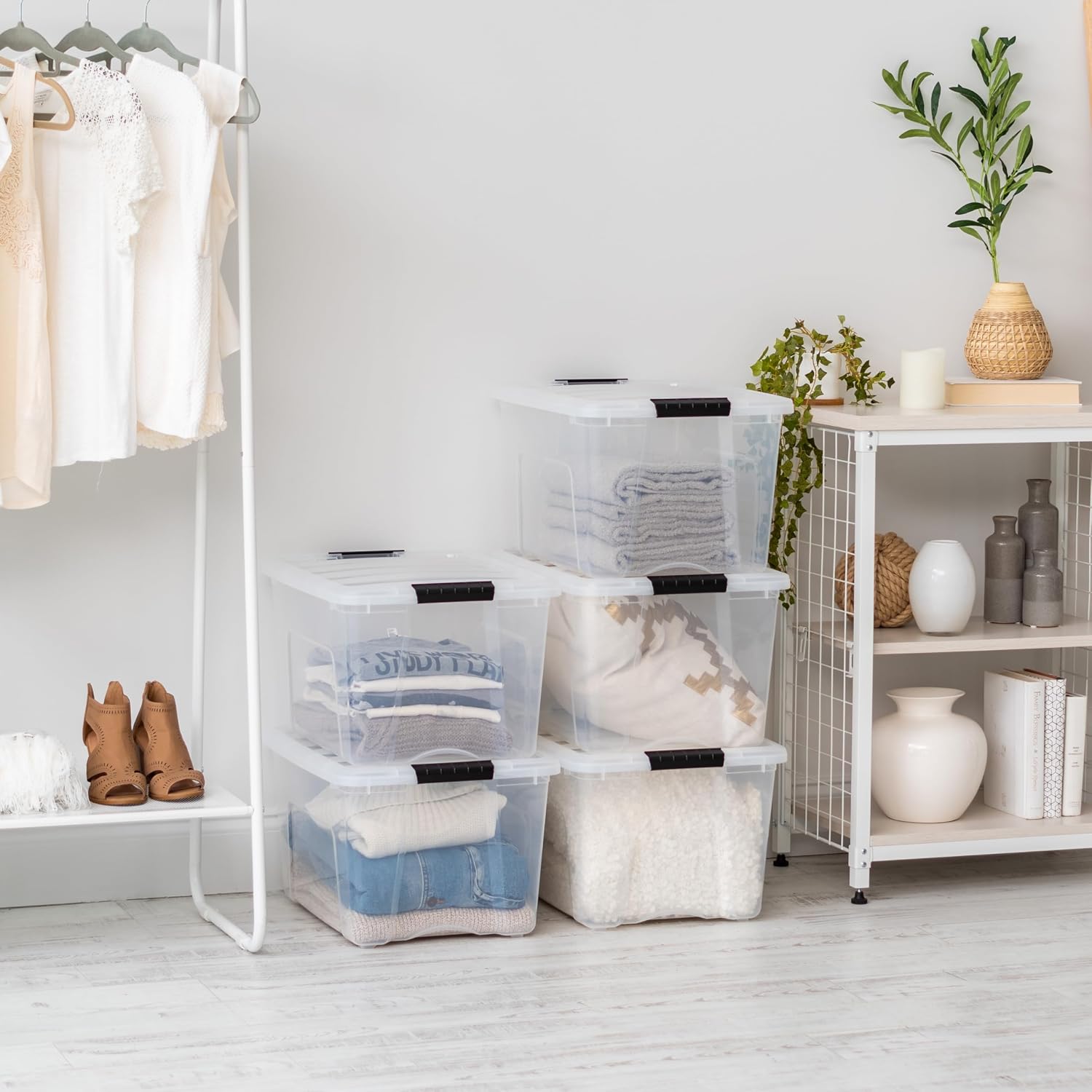 IRIS USA 6-Pack 54 Quart Storage Bins with Lids, Clear | Transparent design makes contents easy to find. Perfect for moving, blankets, clothing, and garage storage. Nestable design