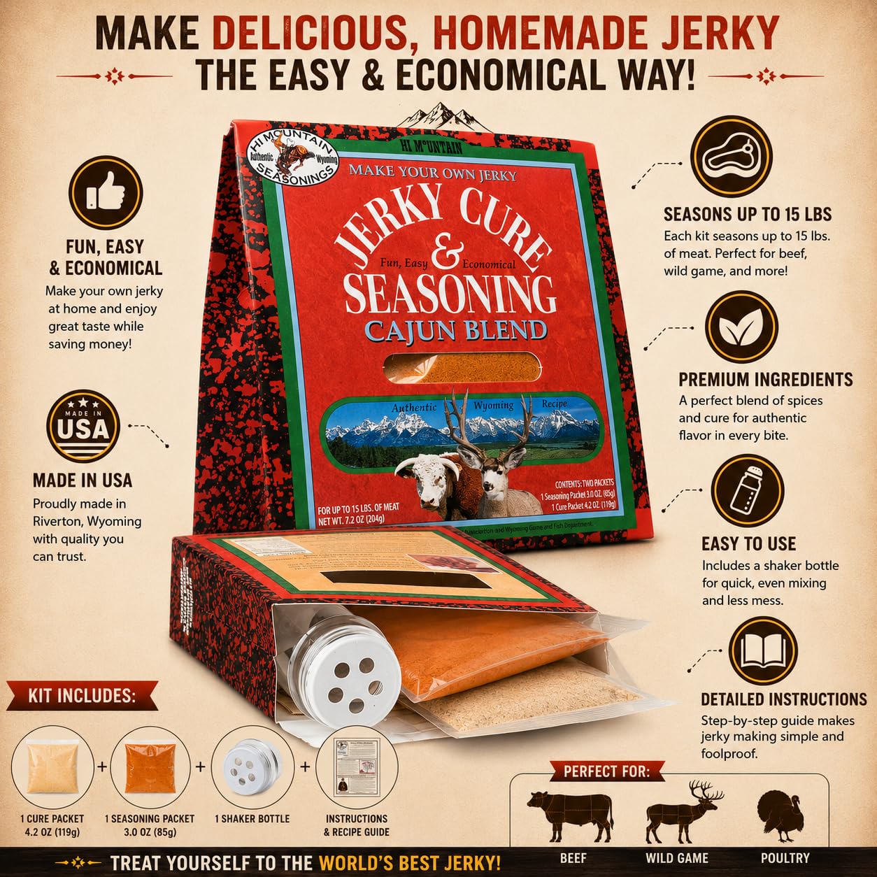 Hi Mountain CAJUN BLEND Jerky Seasoning and Cure Kit | Beef & Venison | Bold Cajun flavor, medium spicy heat, jerky seasoning for beef, deer, elk