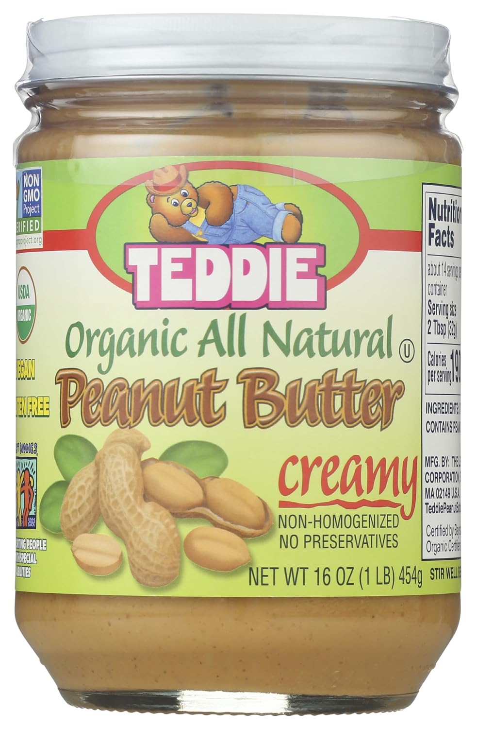 Teddie All Natural Peanut Butter, Smooth Organic, Gluten Free & Vegan, 16 Ounce Glass (Smooth - Organic, Pack of 1)