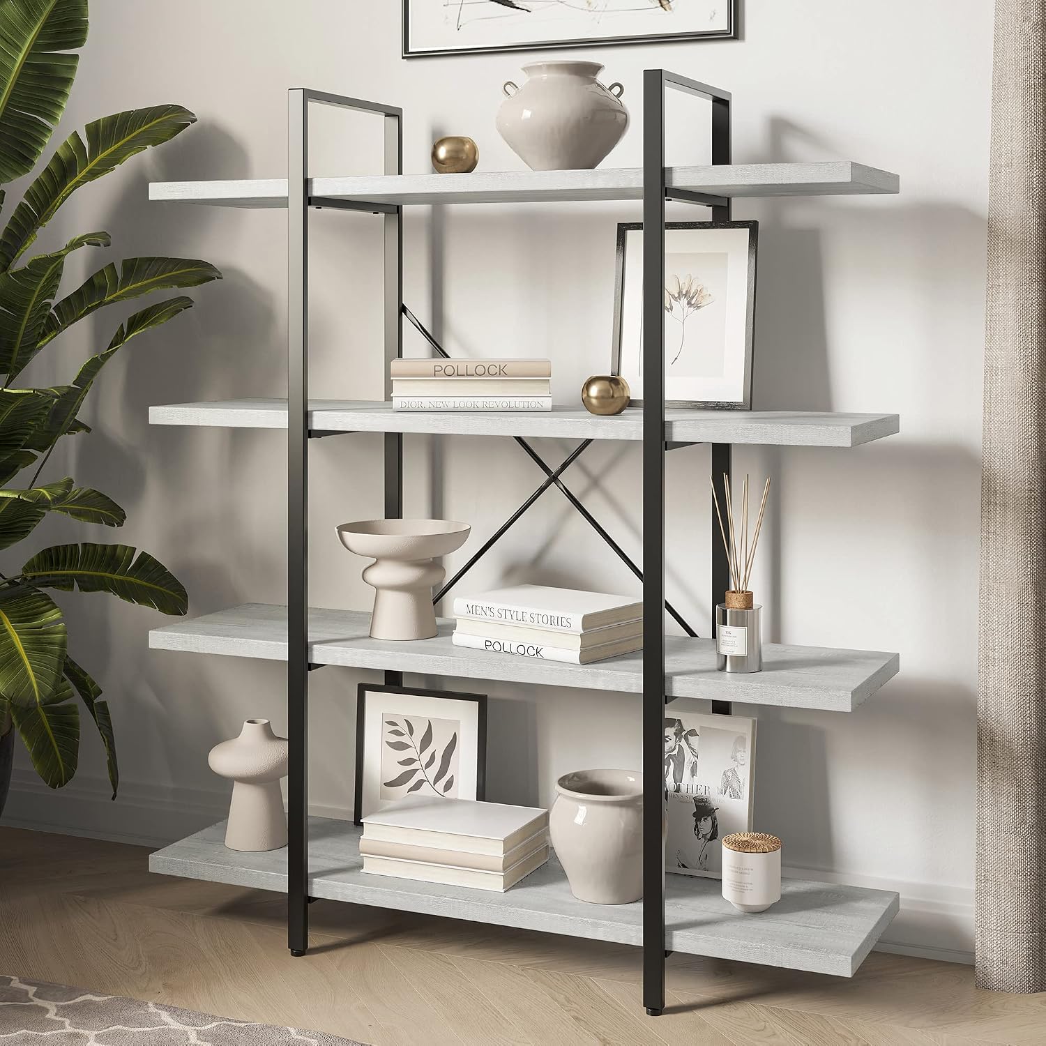 BELLEZE 4 Tier Modern Rustic Industrial Bookshelf, Open Wide Office Etagere Book Shelf