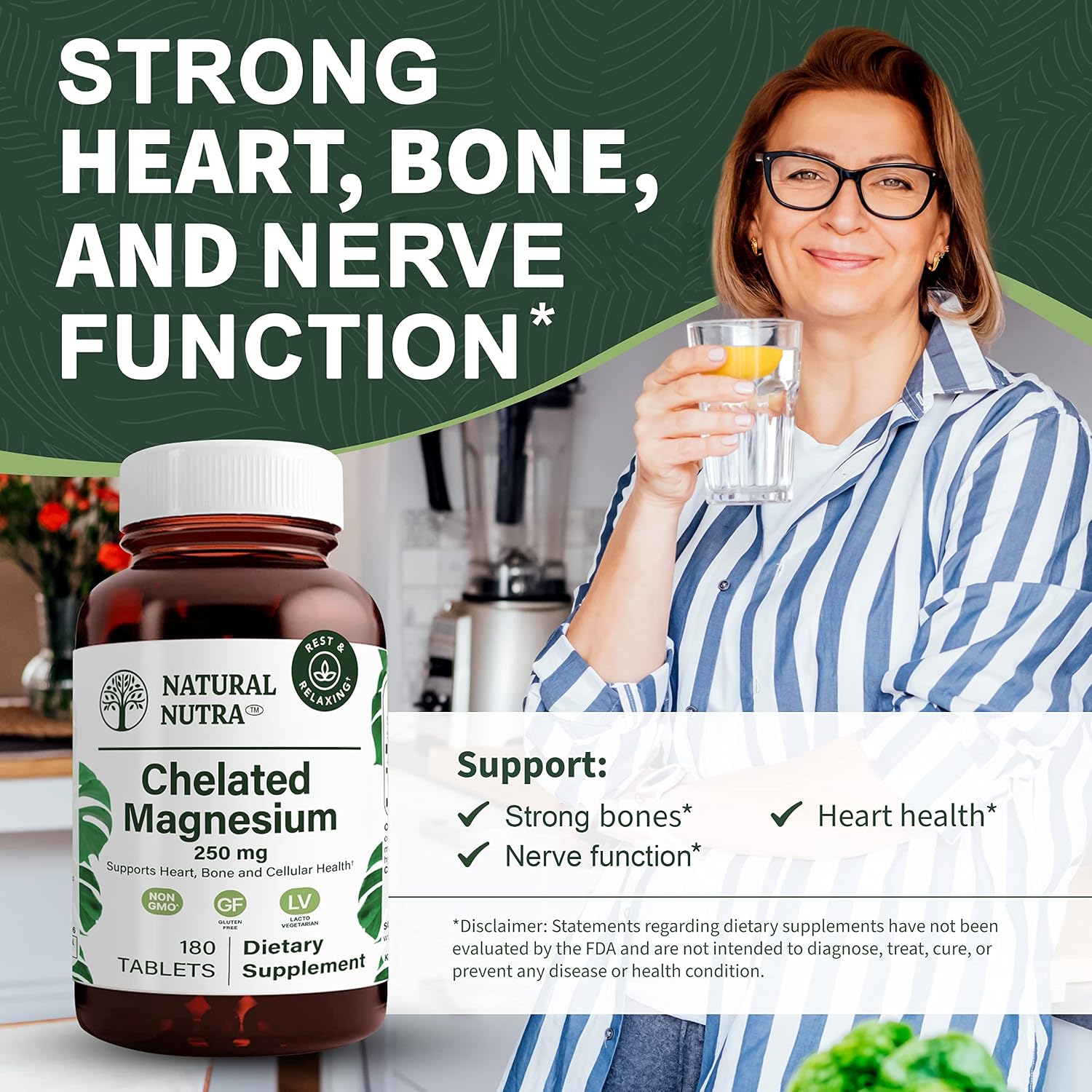 Natural Nutra Chelated Magnesium Oxide 250 mg - High Absorption for Strong Bones, Heart Health, Dental Health, Energy Boost, Gluten-Free, Non-GMO, 180 Tablets in BPA-Free Recyclable Glass Bottles